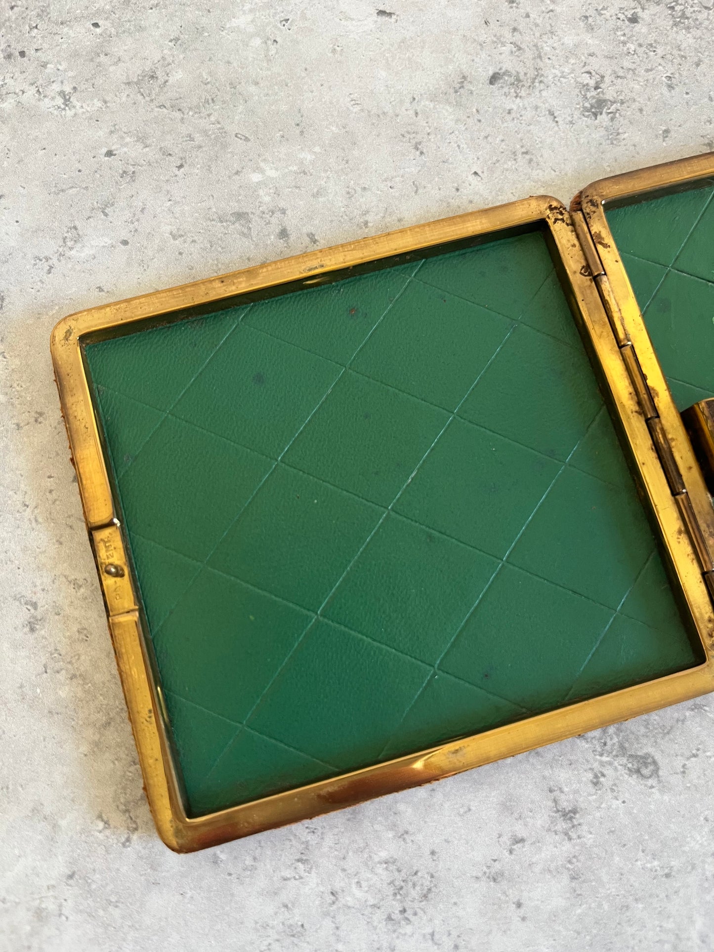 Vintage Brown Leather Cigarette Case Green Gold Tone Interior