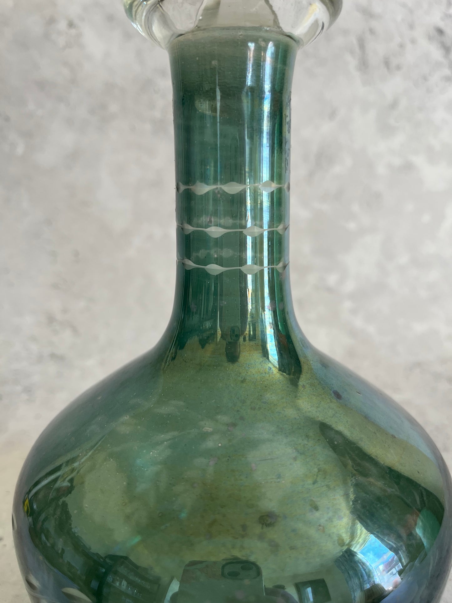 Vintage Hand Blown Iridescent Teal Green Etched Decanter With Faceted Stopper