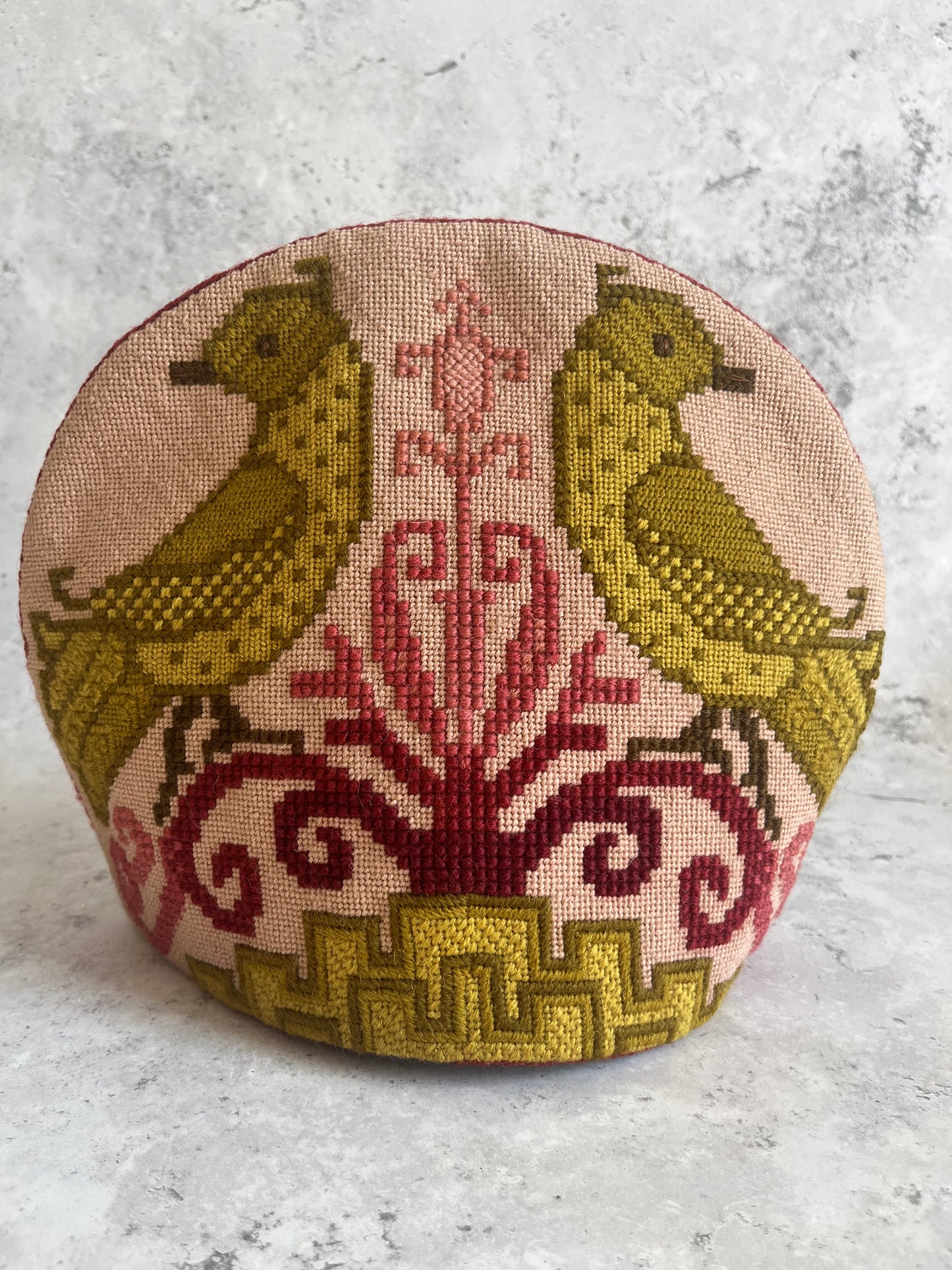 Vintage Pink Needlepoint Tea Cosy Satin Lined Traditional Bird Design
