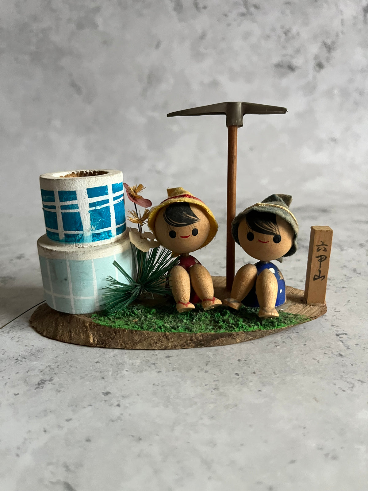 Vintage Kokeshi Hiking Japanese Folk Art Mount Rokkō Souvenir Wooden Ornament