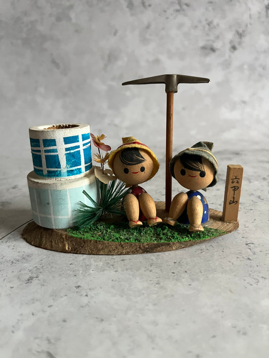 Vintage Kokeshi Hiking Japanese Folk Art Mount Rokkō Souvenir Wooden Ornament