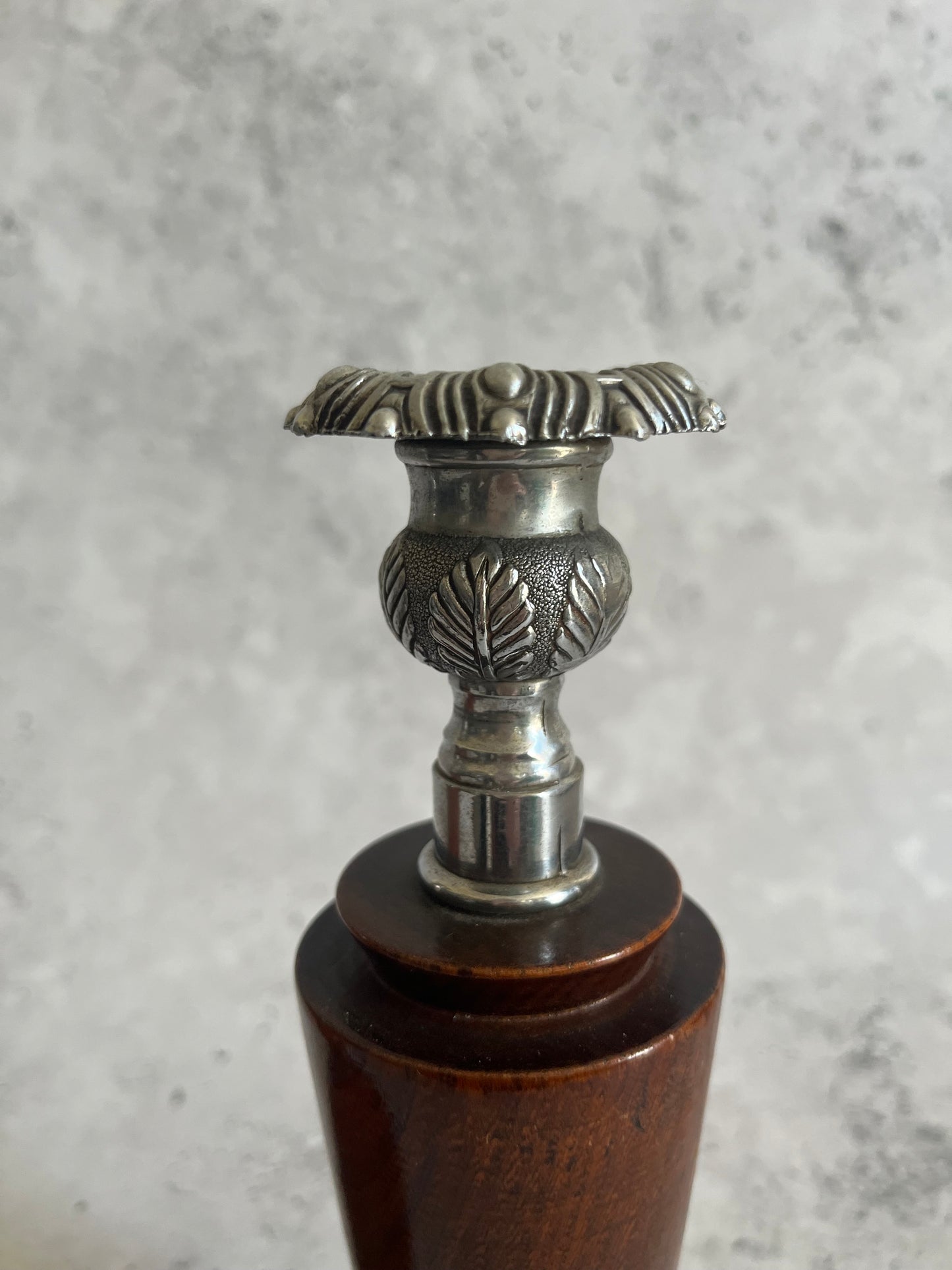 Antique Turned Wooden Silver Coloured Metal Candlesticks Art Deco Candle Holders