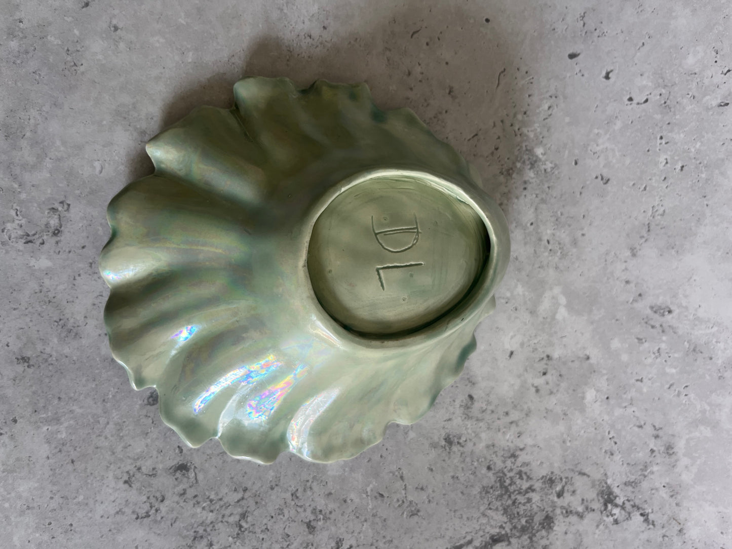 Studio Pottery Pale Green Iridescent Shell Shaped Bon Bon Dish