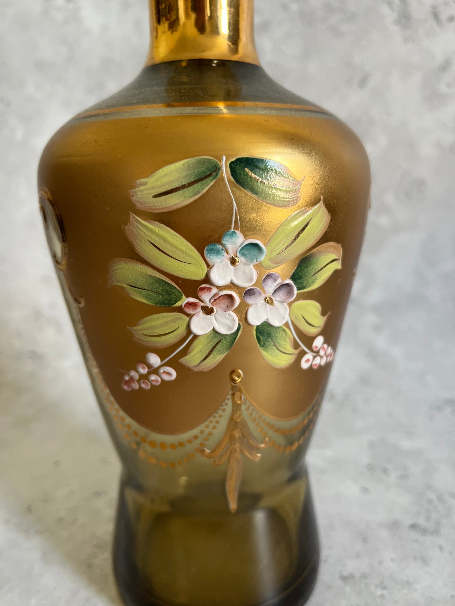 Vintage Bohemian Hand Painted Gold Glass Vase Enamelled Flowers