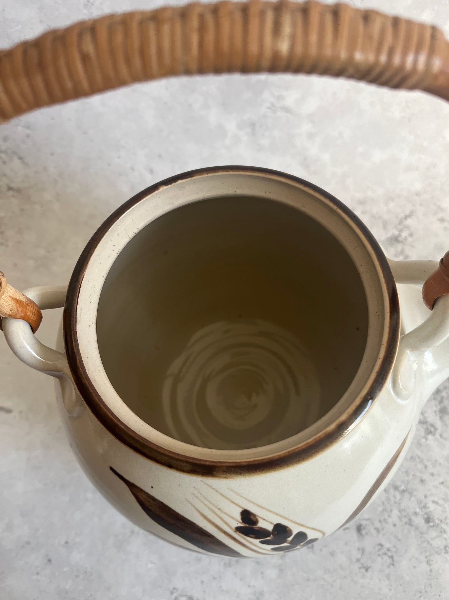 Vintage Asian Style Large Hand Painted Teapot Bamboo Handle
