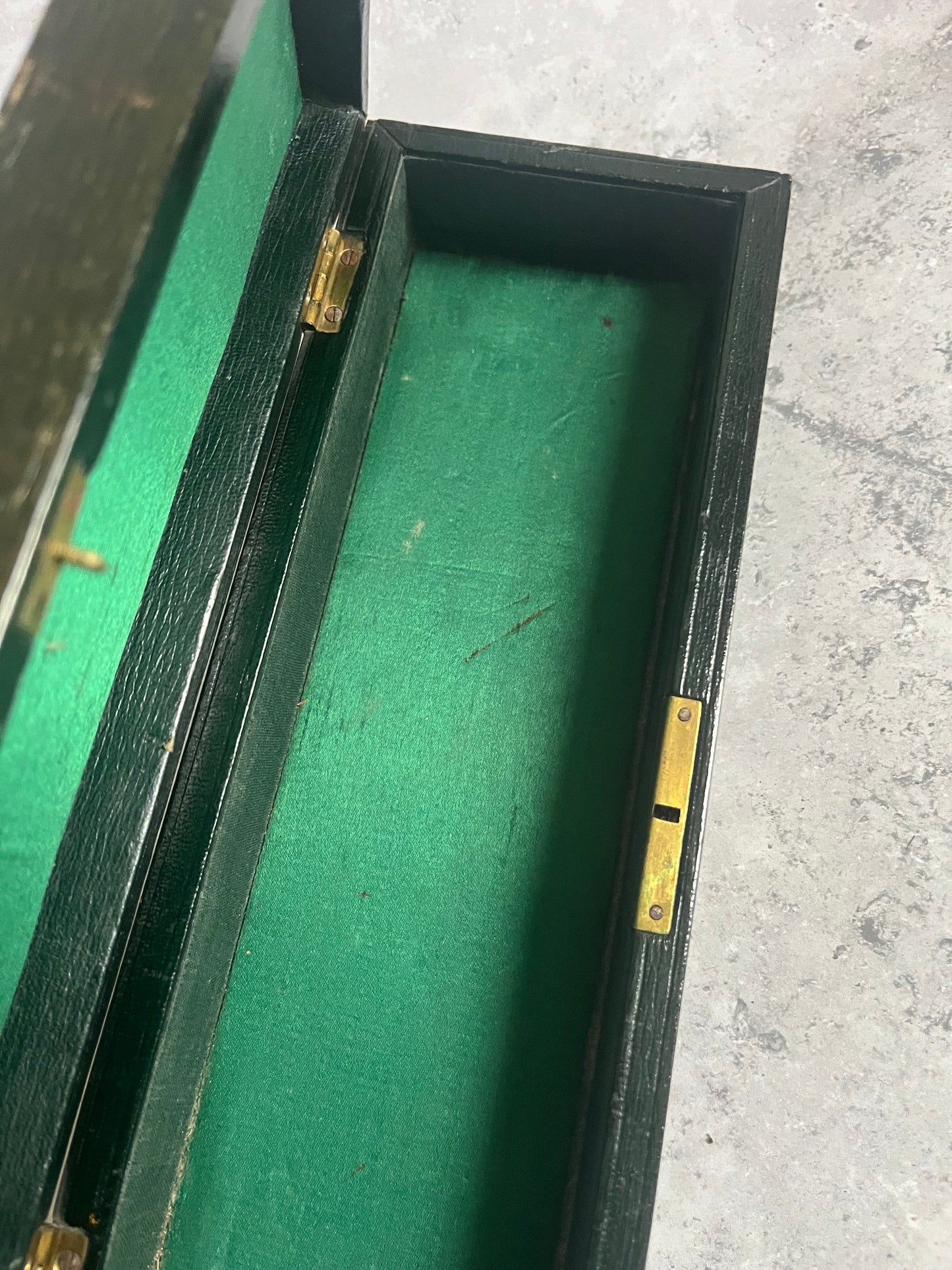 Antique 19C Black Leather Glove Storage Box Green Satin Lining Gold Lettering