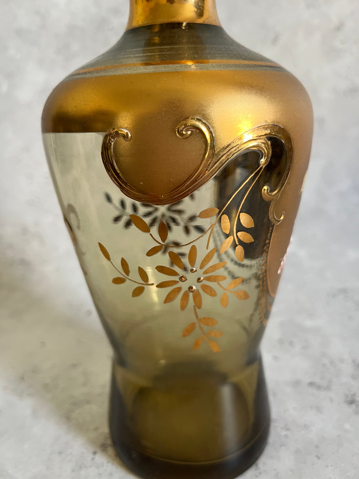Vintage Bohemian Hand Painted Gold Glass Vase Enamelled Flowers