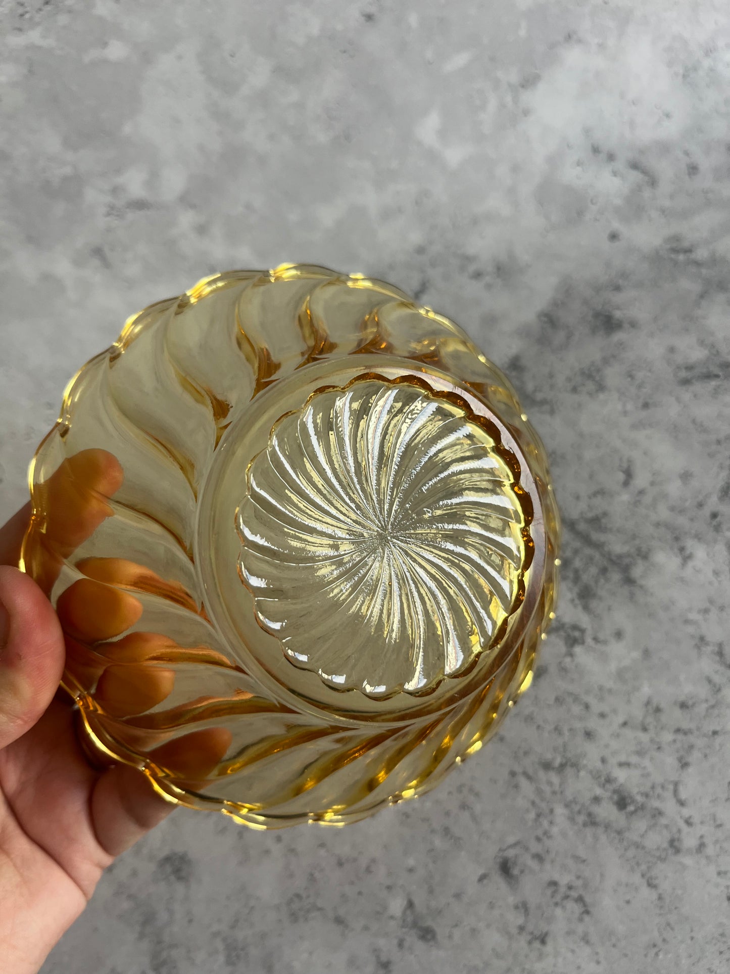 Vintage Bagley Amber Glass Dessert Bowl Swirl Pattern Scalloped Edge