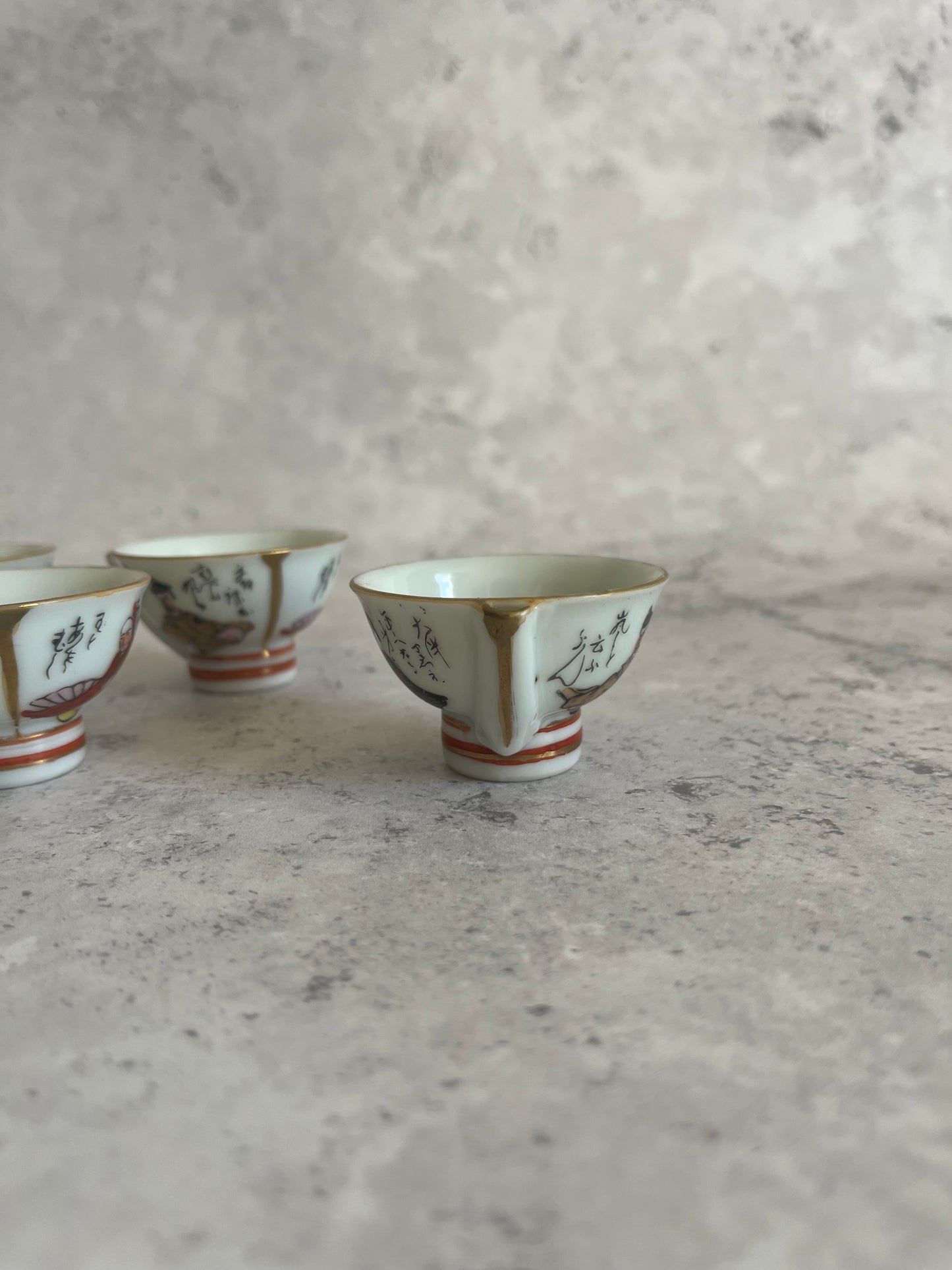 Vintage Japanese Kutani Set Of 5 Whistling Sake Cups Seated Figure Design