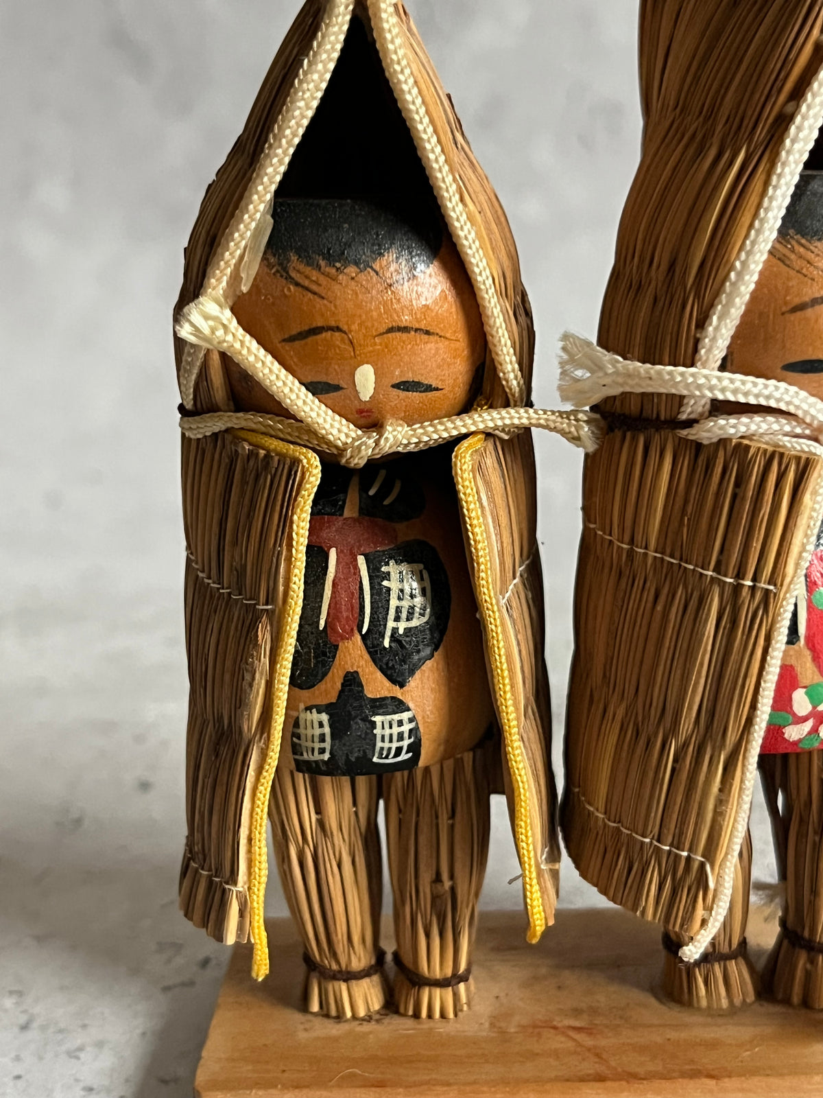 Vintage Yukinko Snow Child Kokeshi Doll Pair With Straw Minomushi Japanese Ornament