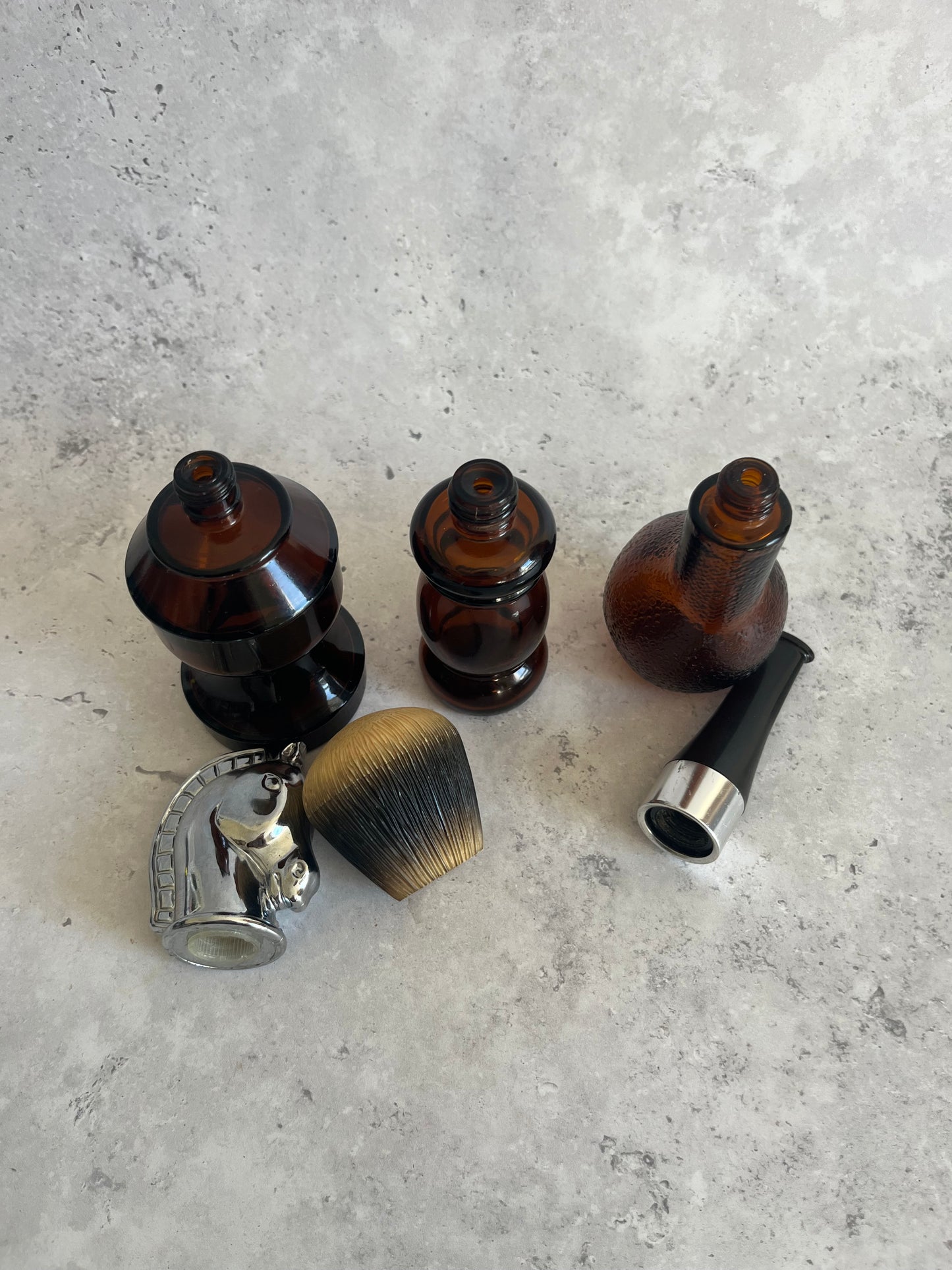 Vintage 1970’s Set Of 3 Avon Perfume Bottles Pipe Knight & Brush Empty