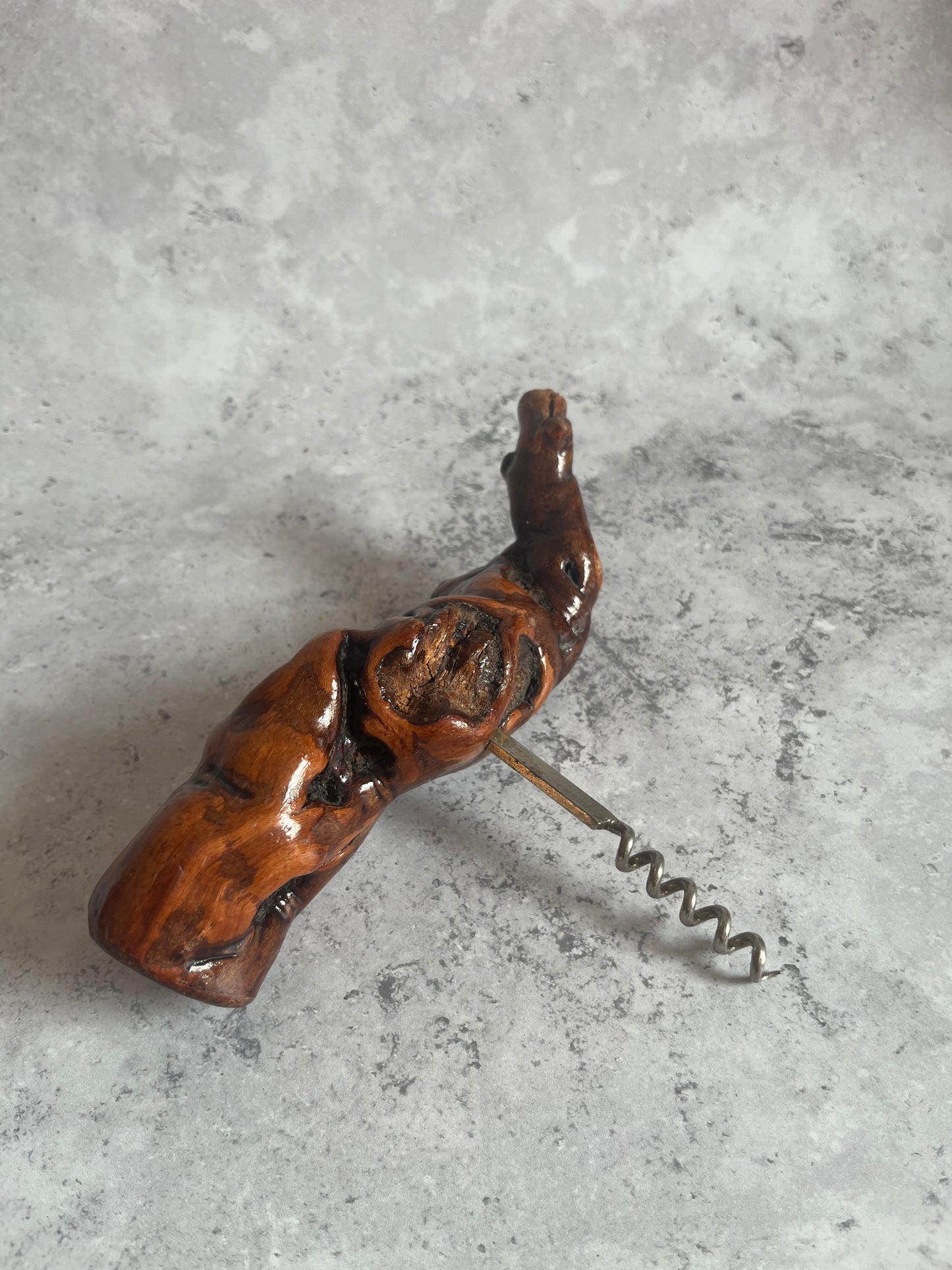 Vintage Root Wood Handle Corkscrew Grape Vine Retro Barware