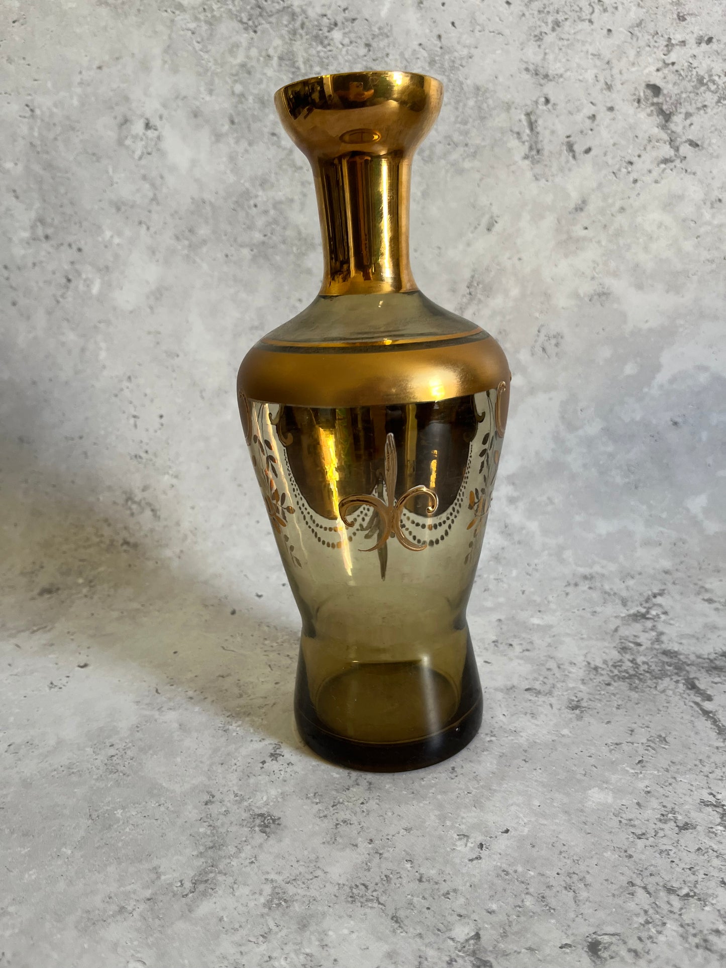 Vintage Bohemian Hand Painted Gold Glass Vase Enamelled Flowers