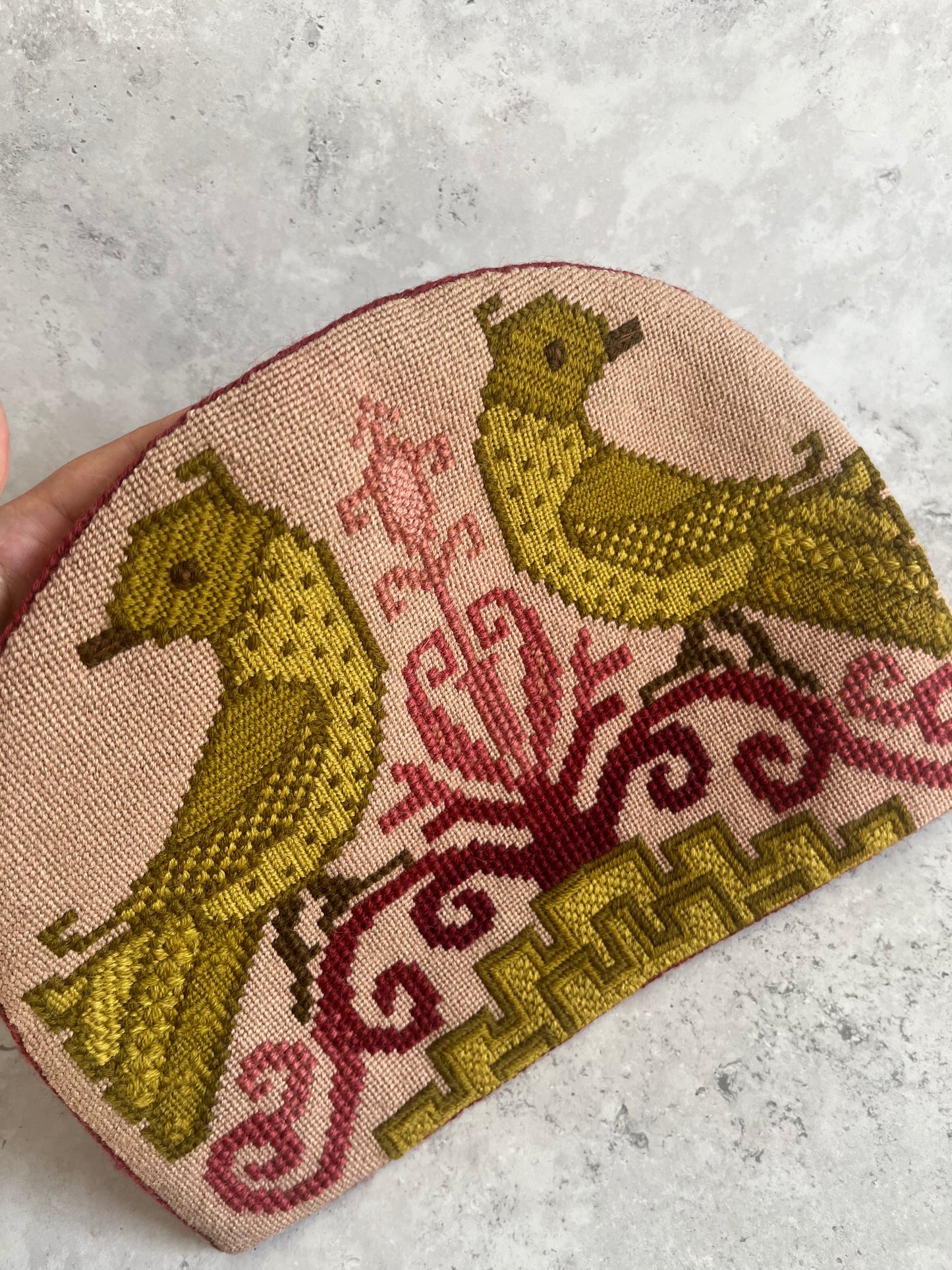 Vintage Pink Needlepoint Tea Cosy Satin Lined Traditional Bird Design