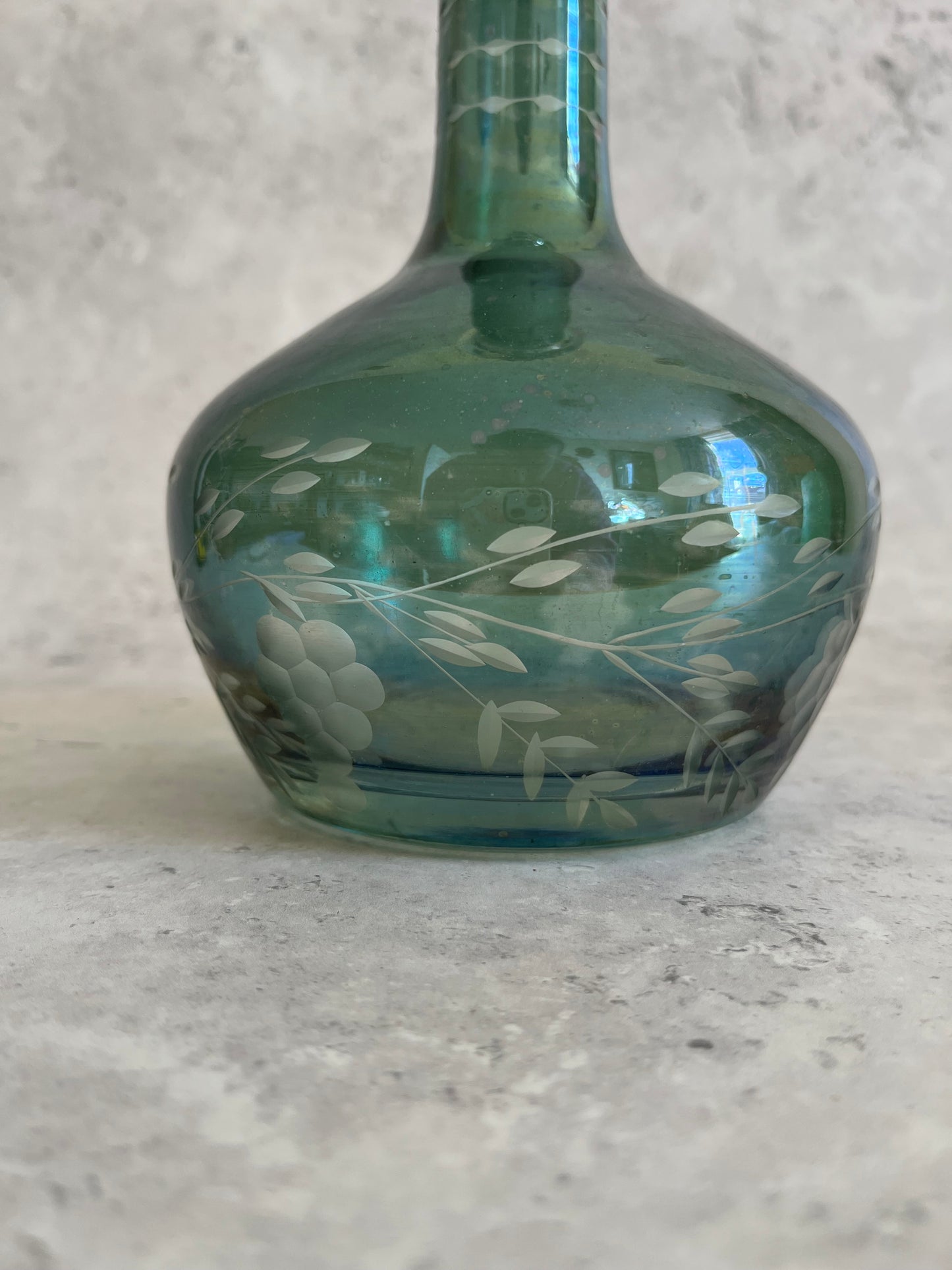 Vintage Hand Blown Iridescent Teal Green Etched Decanter With Faceted Stopper