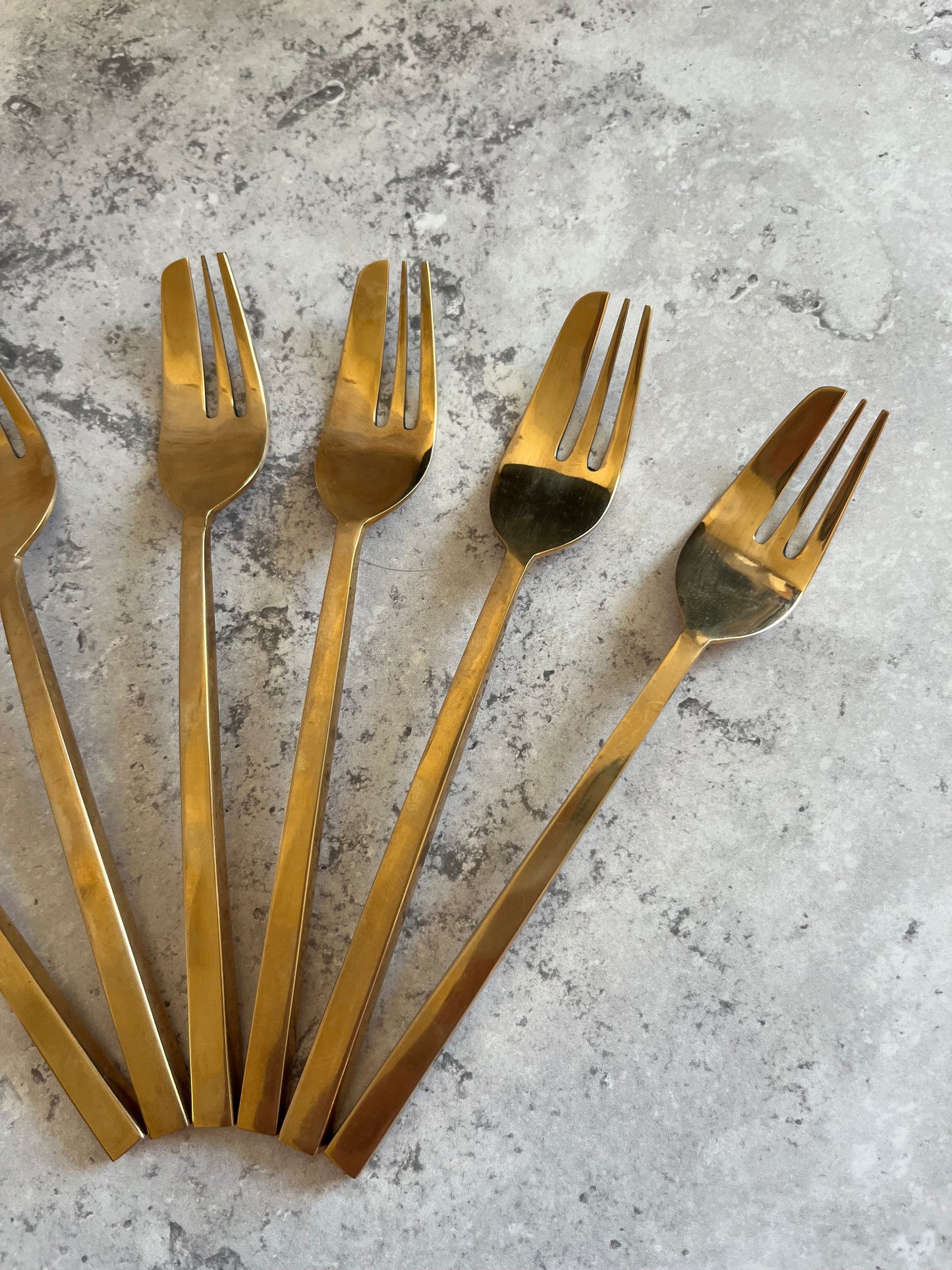 Vintage 1970’s Thai Gold Tone Cake Forks Set Of Six Angular Design