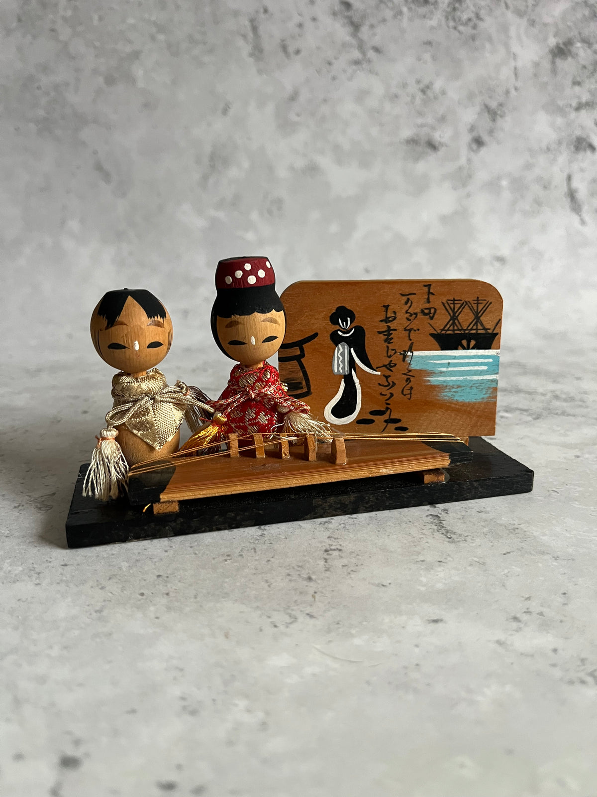 Vintage Kokeshi Pair With Koto Instrument Okichi Japanese Folk Art
