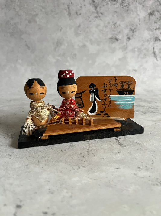Vintage Kokeshi Pair With Koto Instrument Okichi Japanese Folk Art