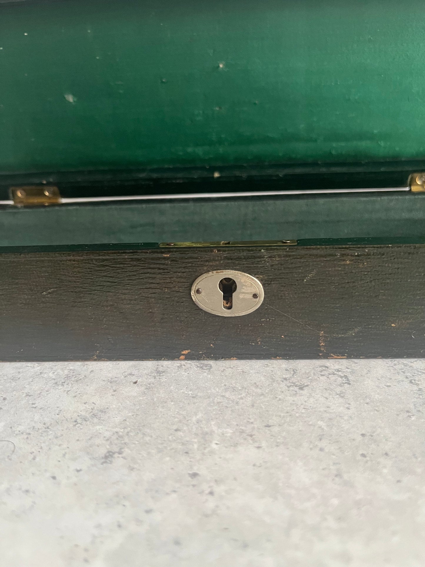 Antique 19C Black Leather Glove Storage Box Green Satin Lining Gold Lettering