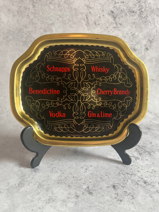 Vintage Spirit Shot Metal Serving Tray Black Gold Detail Retro Brewiana
