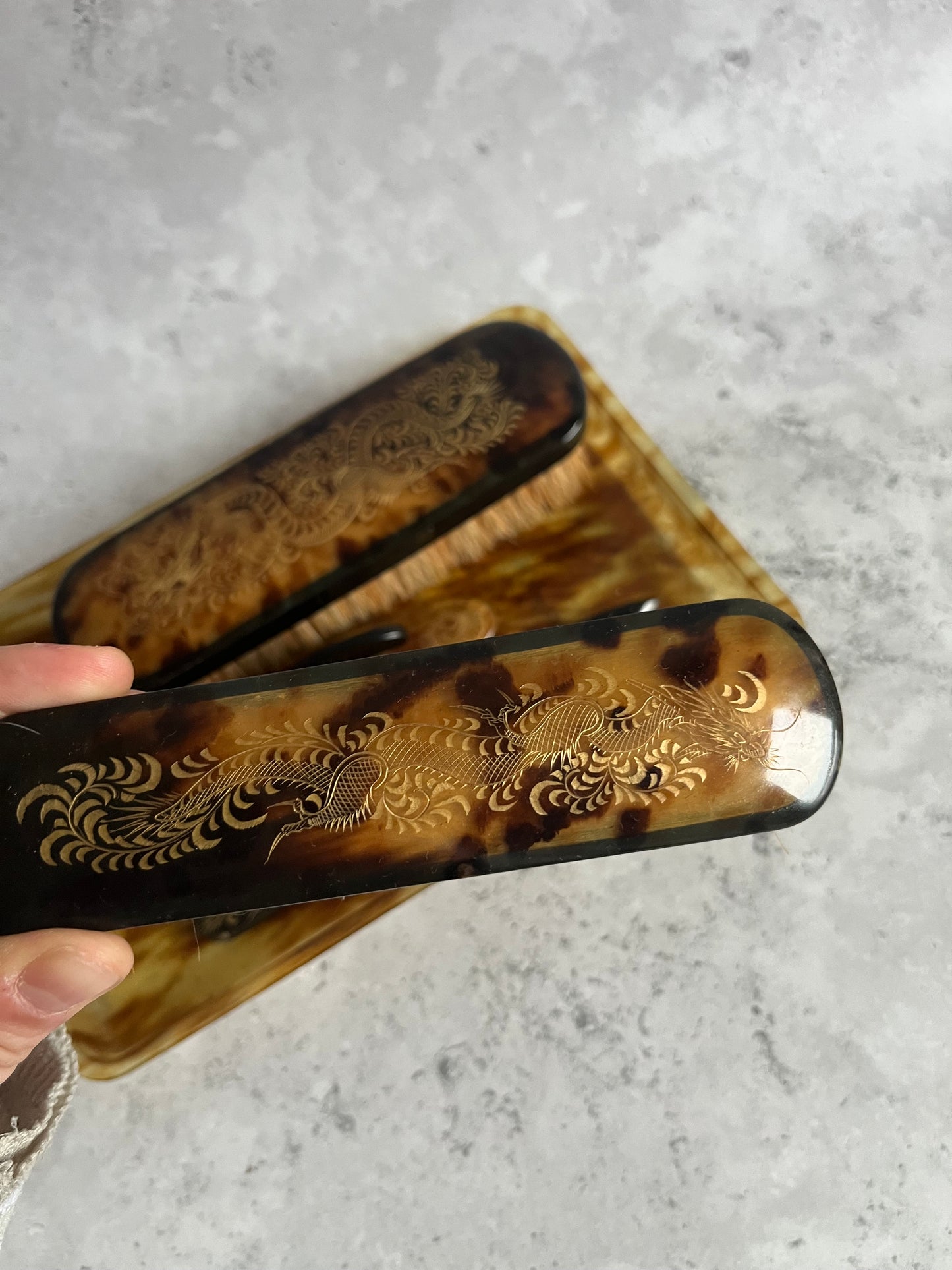 Vintage Early 20thC Faux Tortoiseshell 7 Piece Vanity Set Gold Dragon Engraved Design