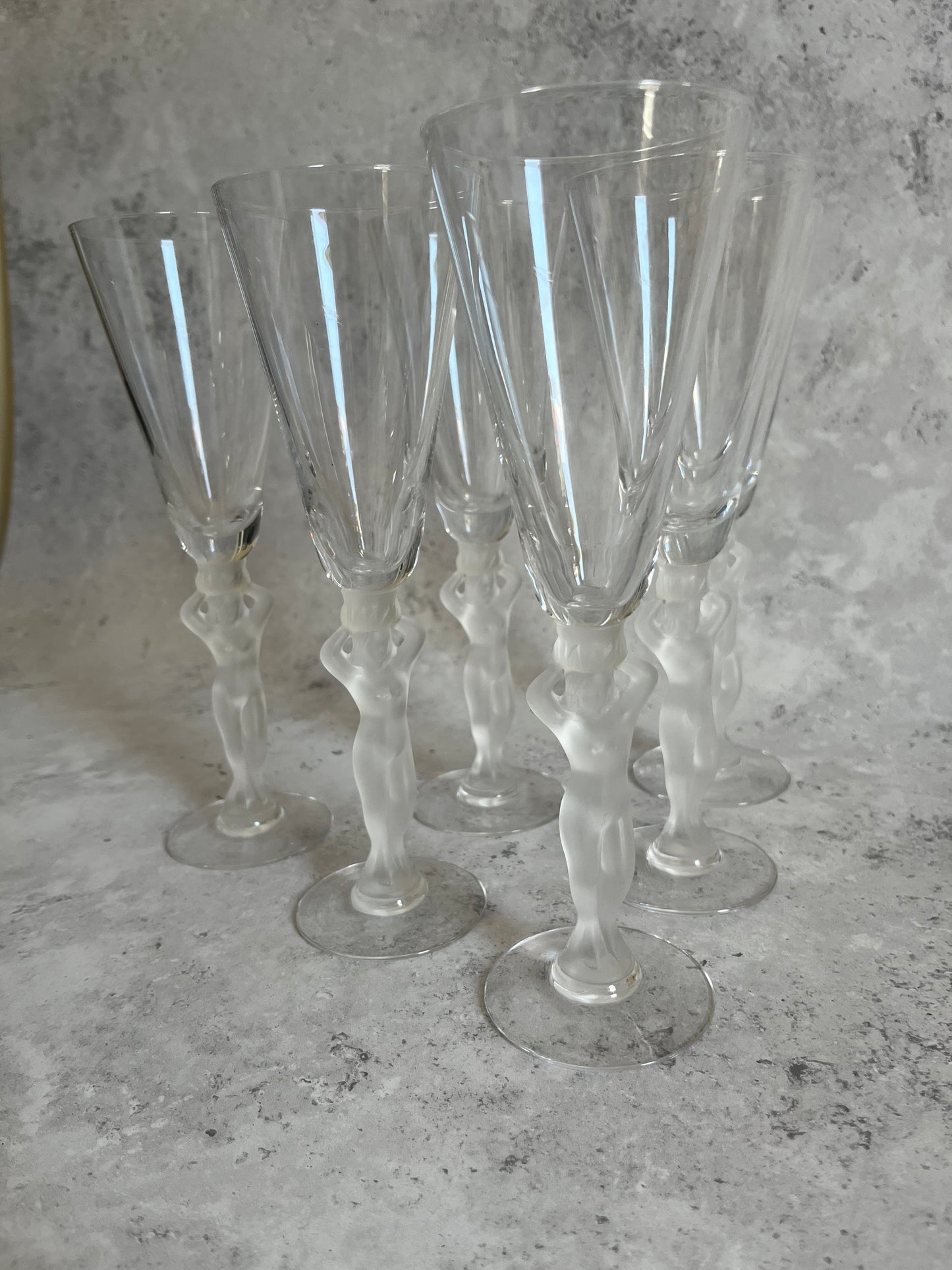 French Bayel Crystal Nude Frosted Venus Stem Champagne Flutes Set Of 6