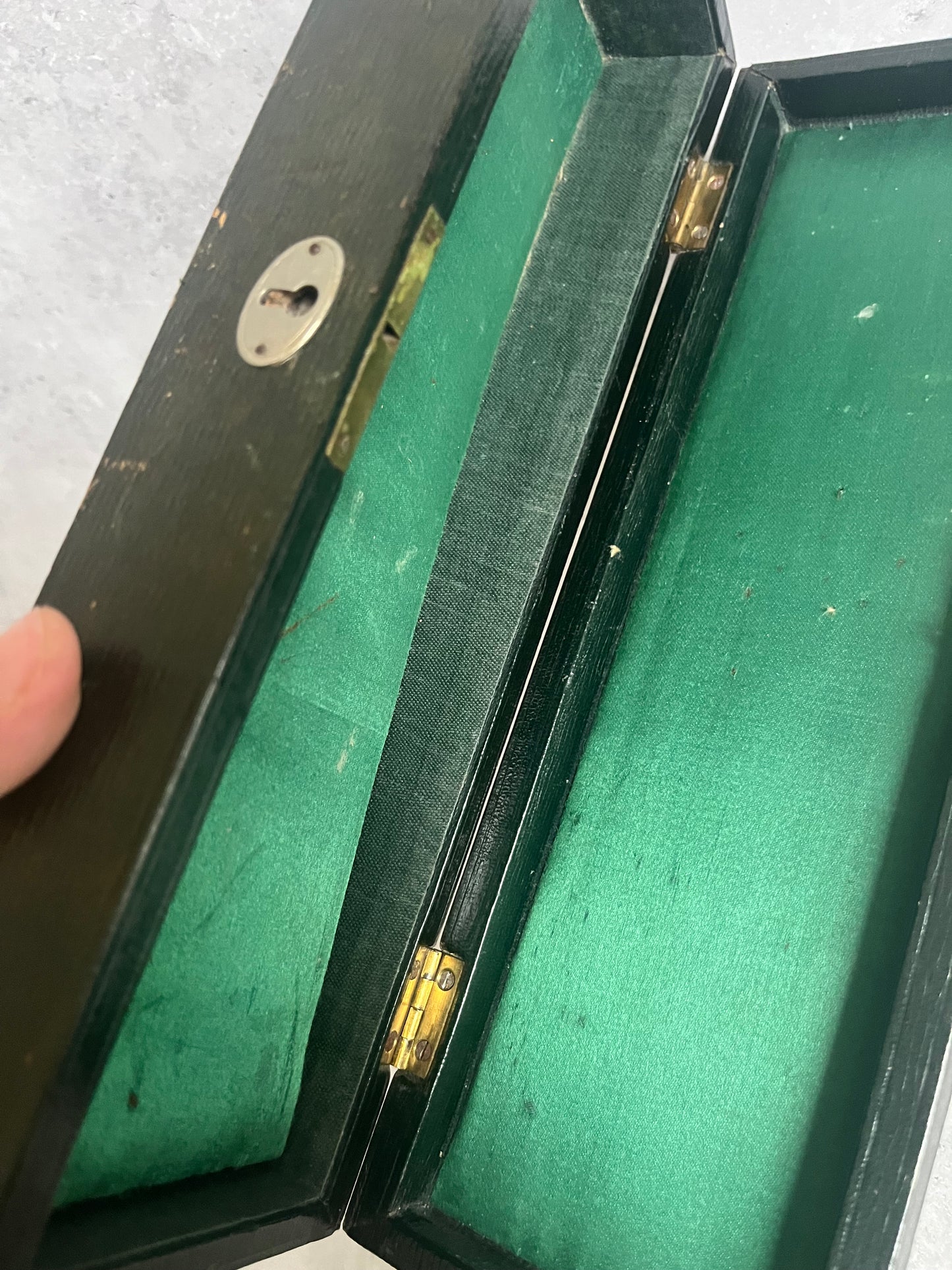 Antique 19C Black Leather Glove Storage Box Green Satin Lining Gold Lettering