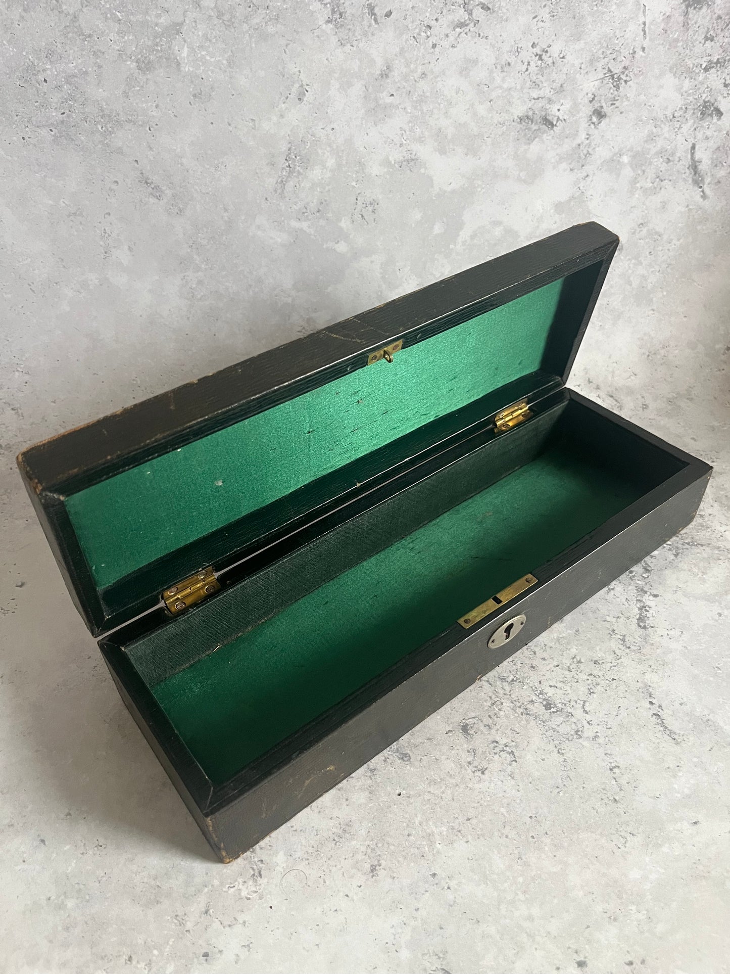 Antique 19C Black Leather Glove Storage Box Green Satin Lining Gold Lettering