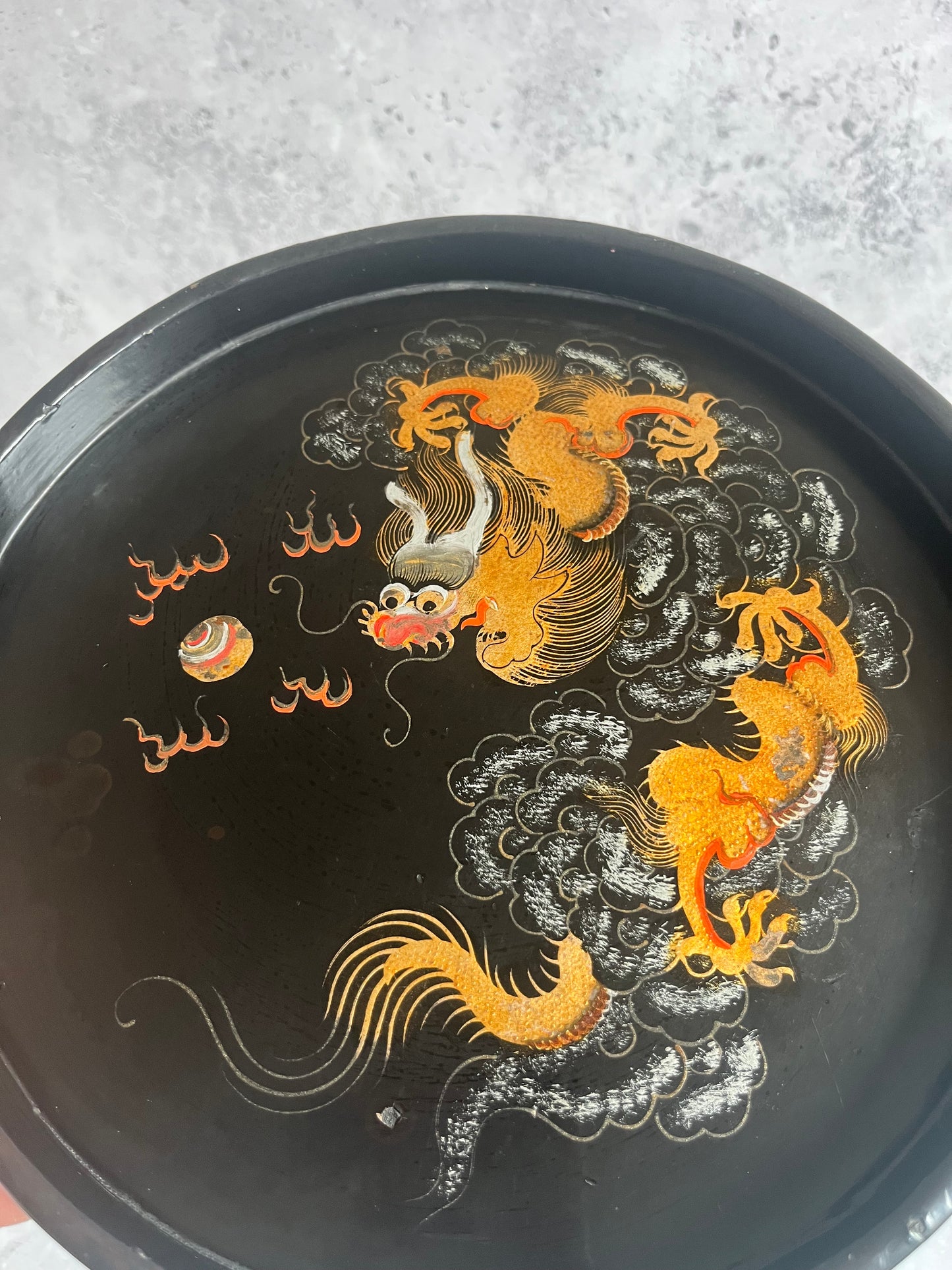 Chinese Foochow Black Lacquer Round Serving Tray Hand Painted Dragon Design 24cm Diameter