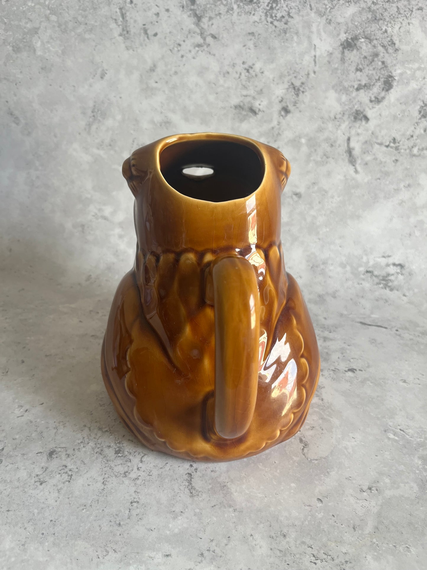 Vintage Sarreguemines French Frog Shaped Water Pitcher Amber Glazed