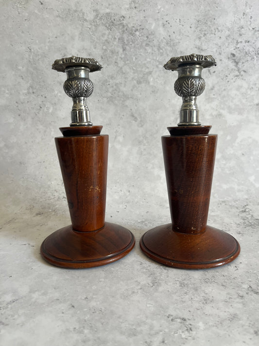 Antique Turned Wooden Silver Coloured Metal Candlesticks Art Deco Candle Holders