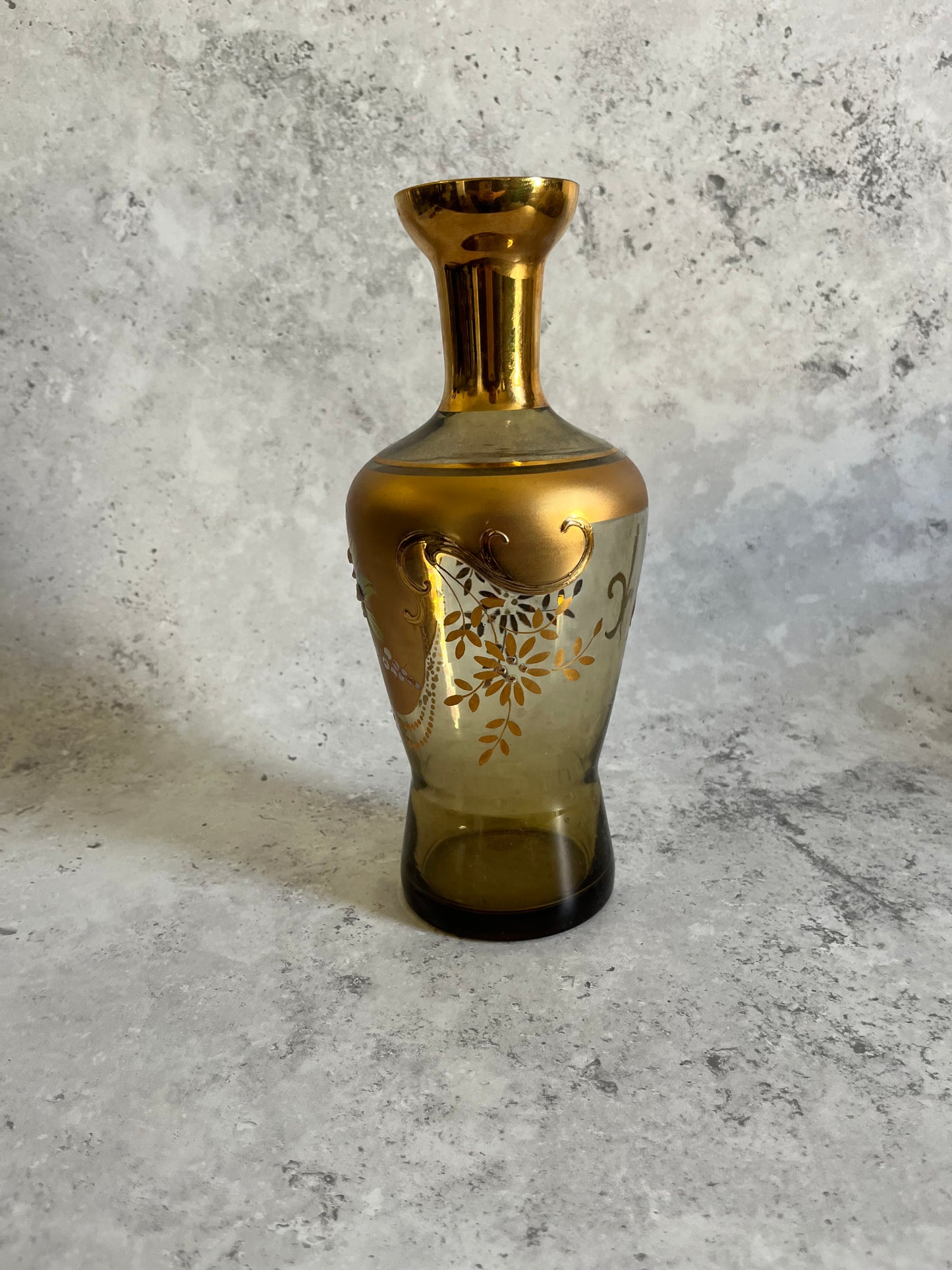 Vintage Bohemian Hand Painted Gold Glass Vase Enamelled Flowers