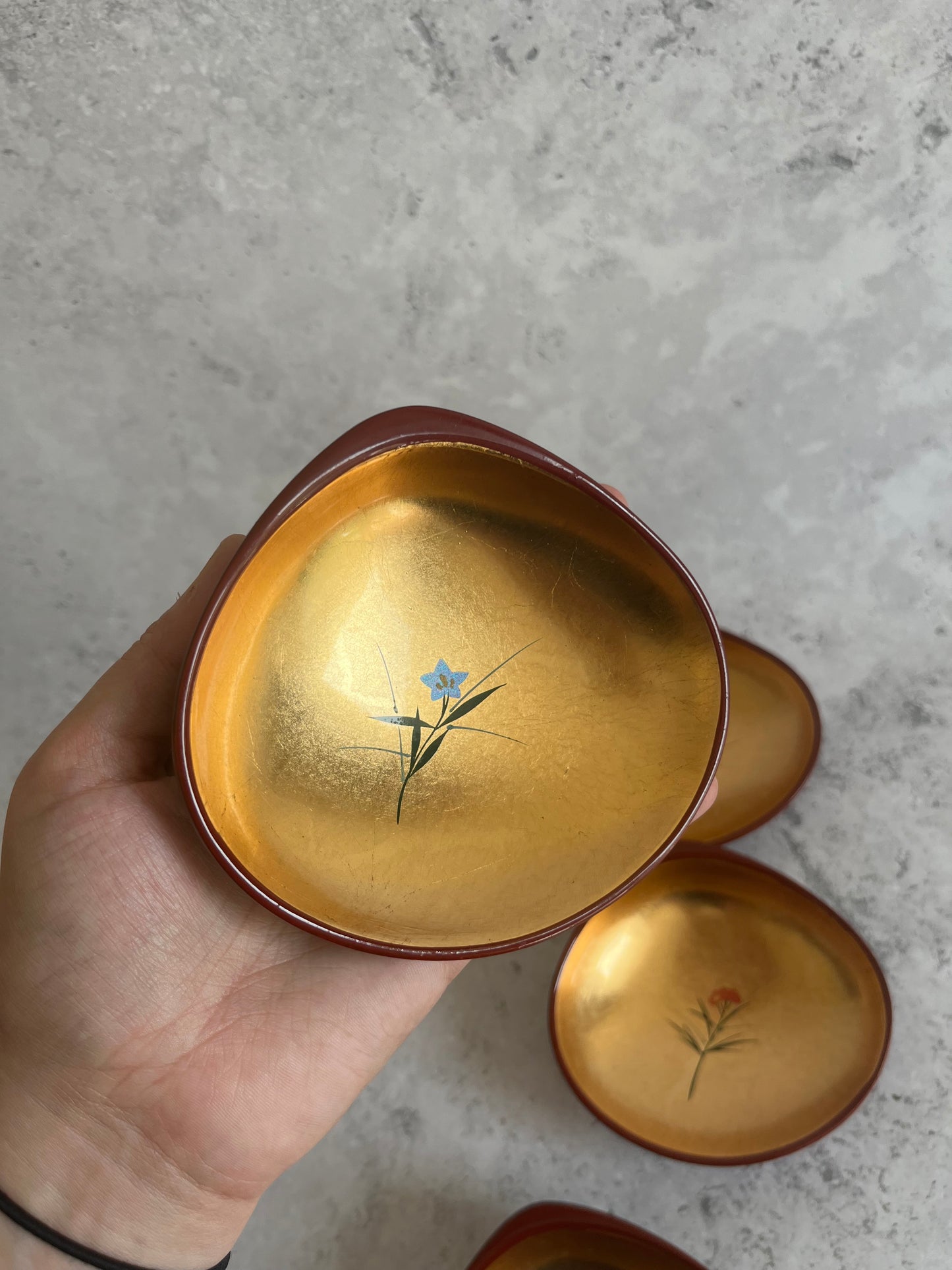 Japanese Set Of 5 Lacquerware Clam Shaped Dishes Handpainted Floral Detail Sweet Dish