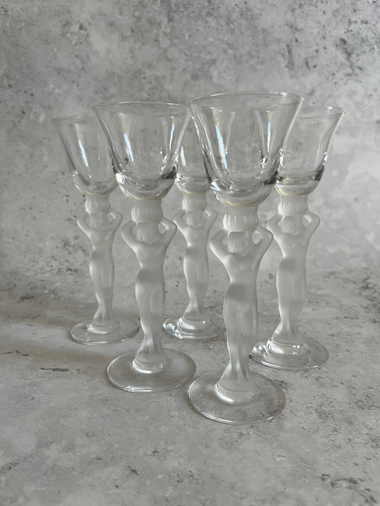 French Bayel Crystal Nude Frosted Venus Stem Liqueur Glasses Set Of 5