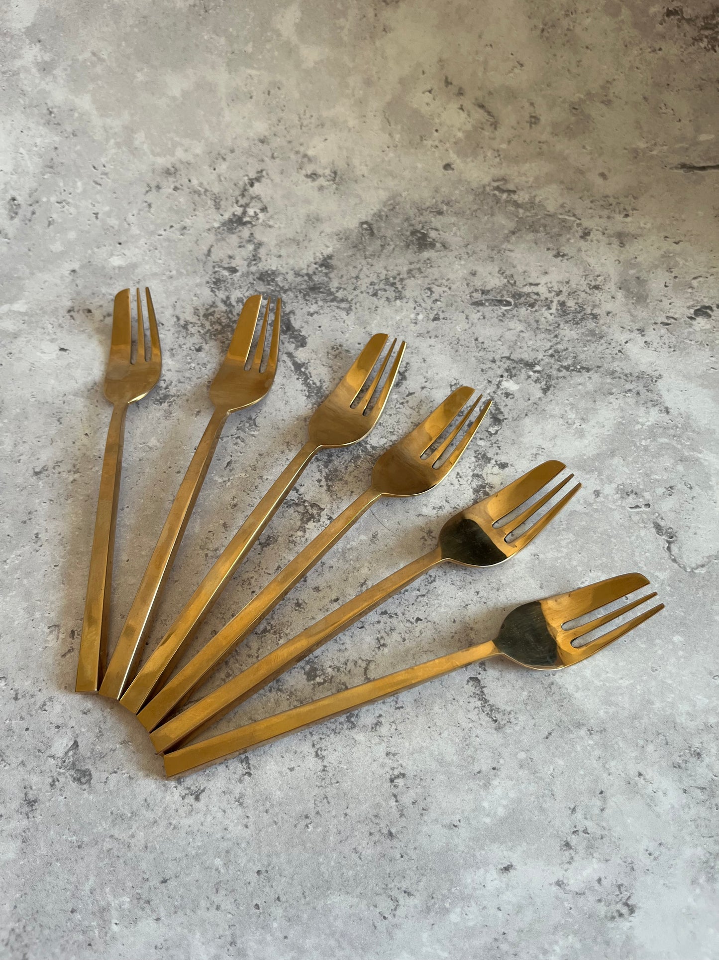 Vintage 1970’s Thai Gold Tone Cake Forks Set Of Six Angular Design