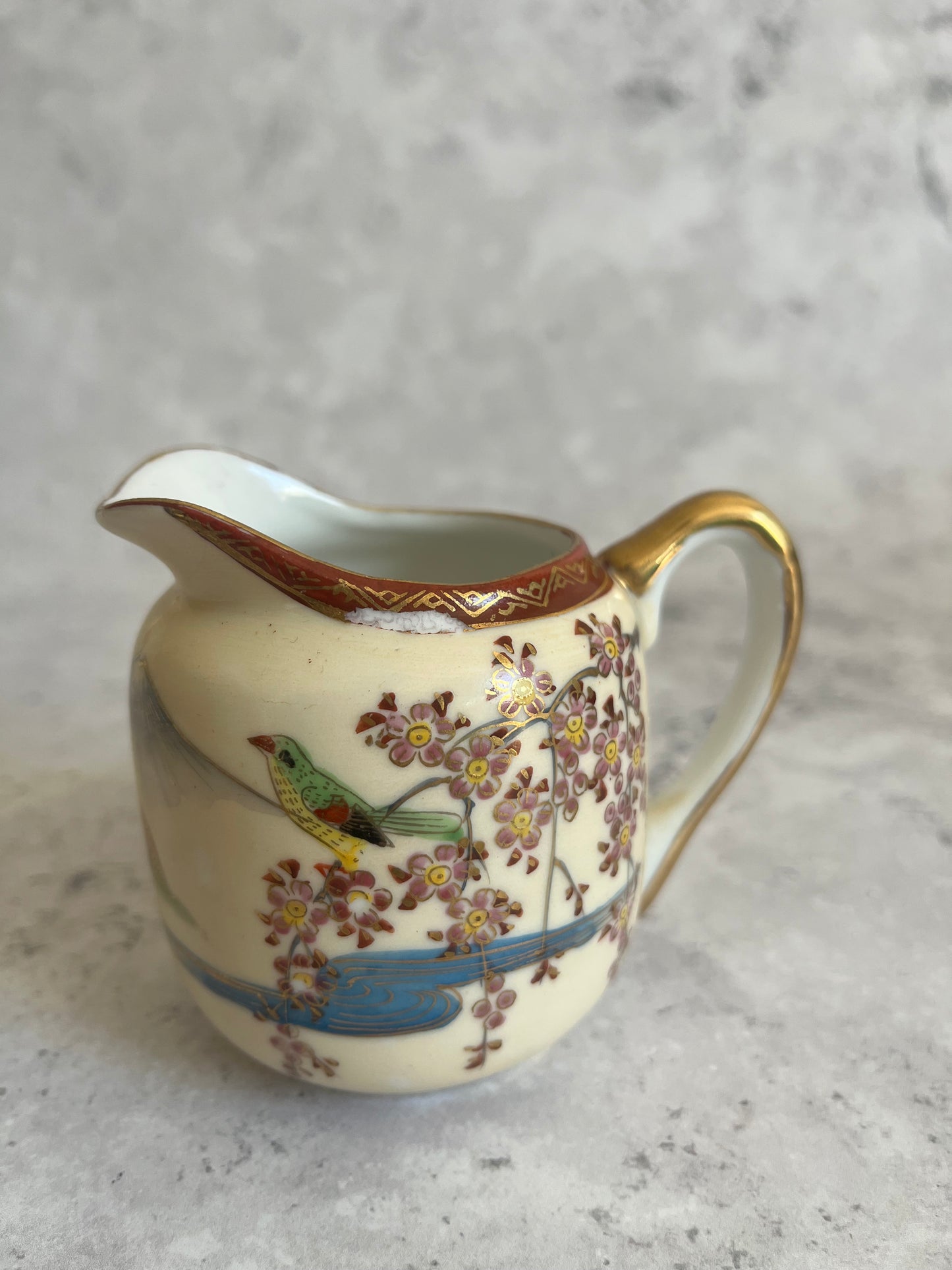 Vintage Japanese Kutani Coffee Pot & Creamer Cherry Blossom Scene Teapot
