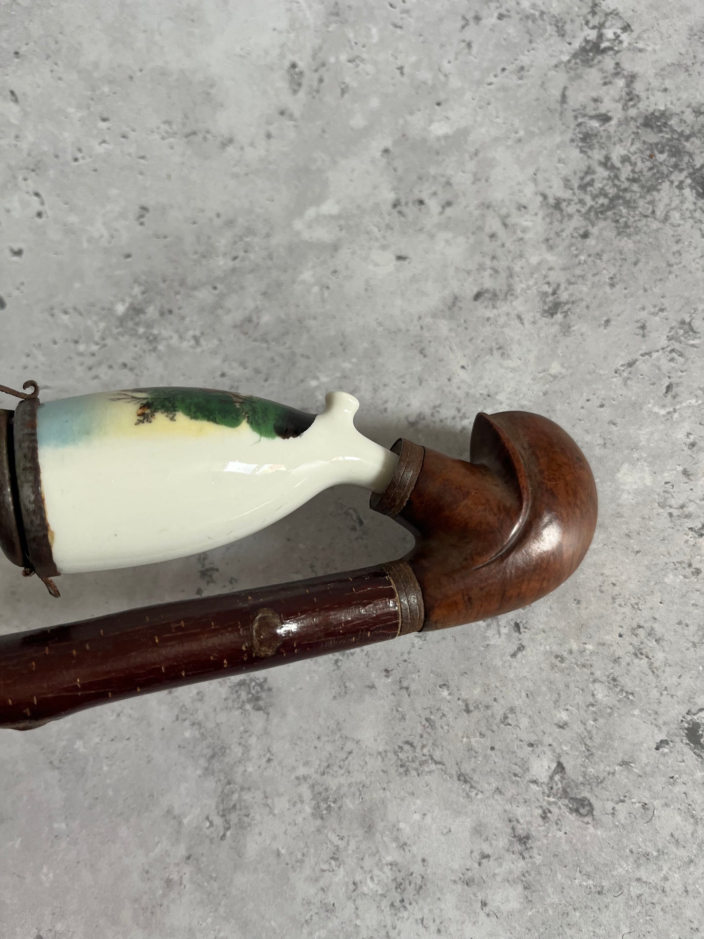 Antique German Tobacco Smoking Pipe Ceramic & Wood Stag Design