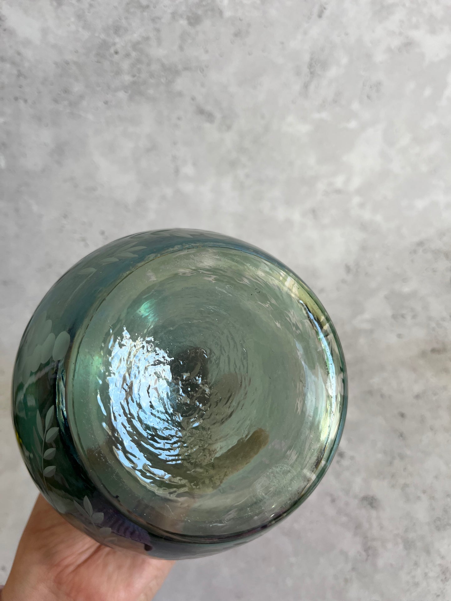Vintage Hand Blown Iridescent Teal Green Etched Decanter With Faceted Stopper