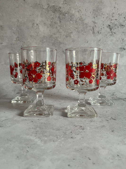 Vintage Set Of Four Italian Wine Glasses With Red & Gold Floral Design Square Base Detail