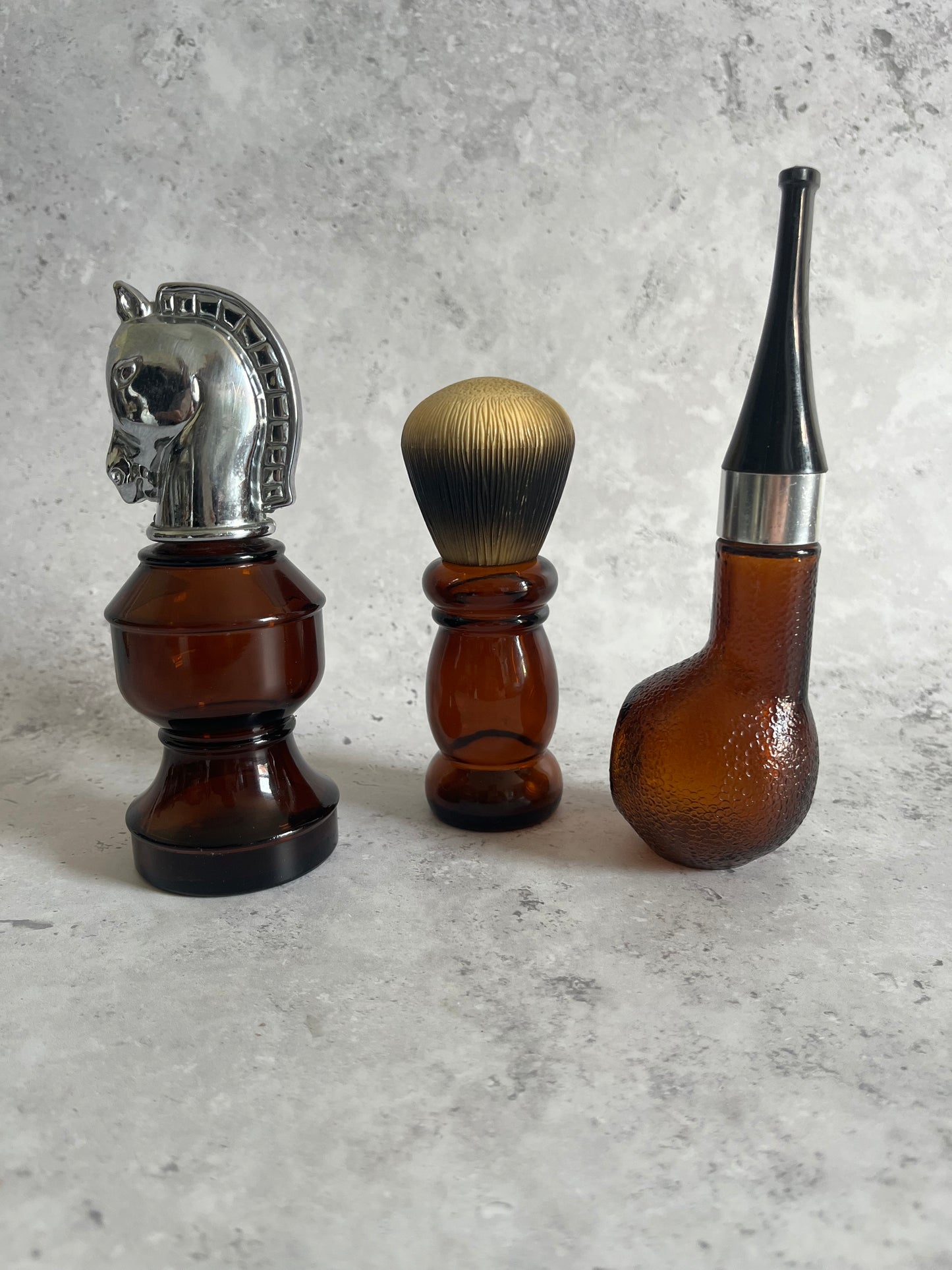 Vintage 1970’s Set Of 3 Avon Perfume Bottles Pipe Knight & Brush Empty