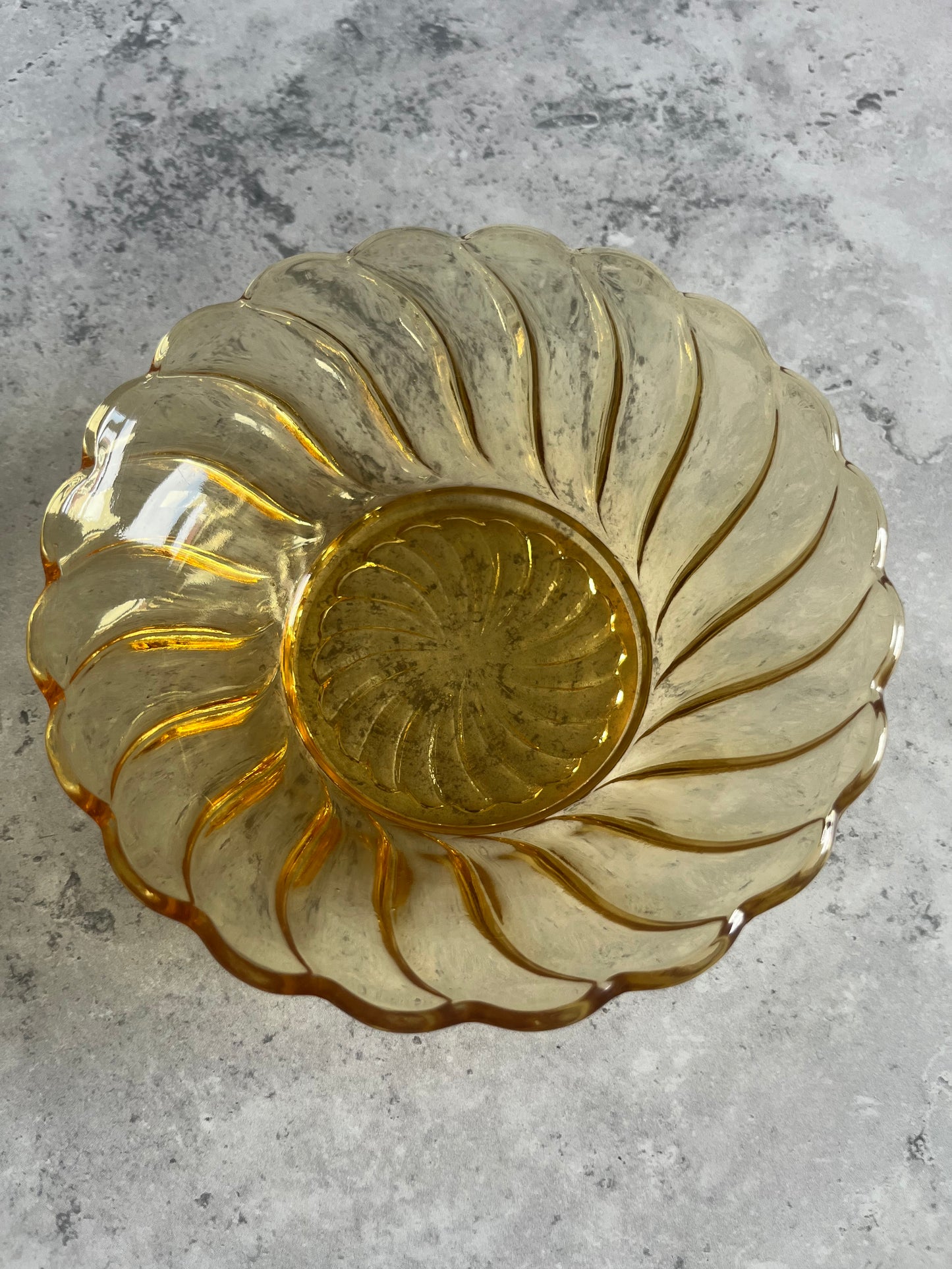 Vintage Bagley Amber Glass Dessert Bowl Swirl Pattern Scalloped Edge