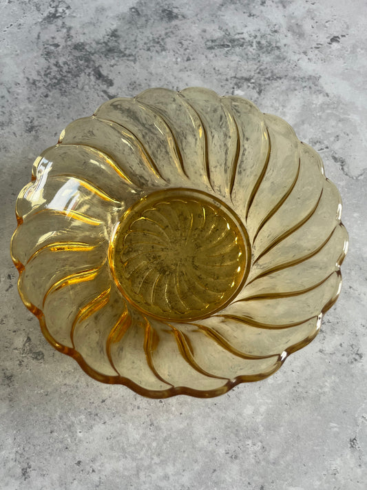 Vintage Bagley Amber Glass Dessert Bowl Swirl Pattern Scalloped Edge