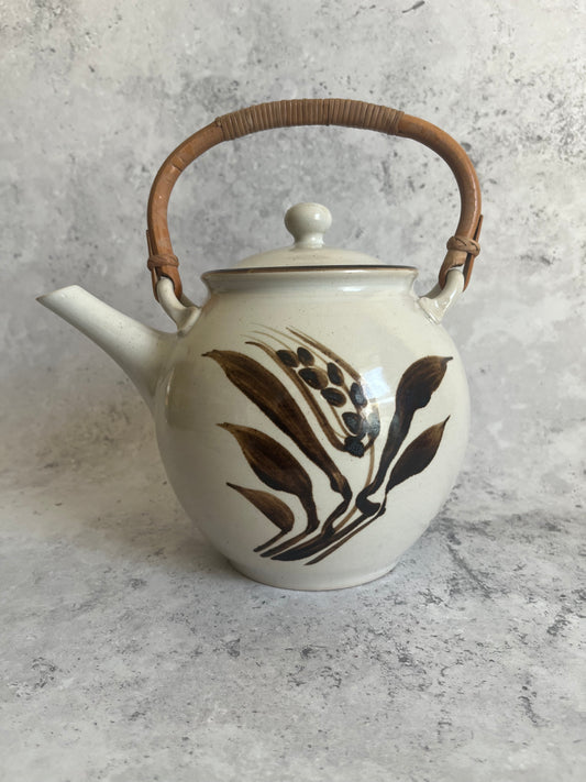 Vintage Asian Style Large Hand Painted Teapot Bamboo Handle