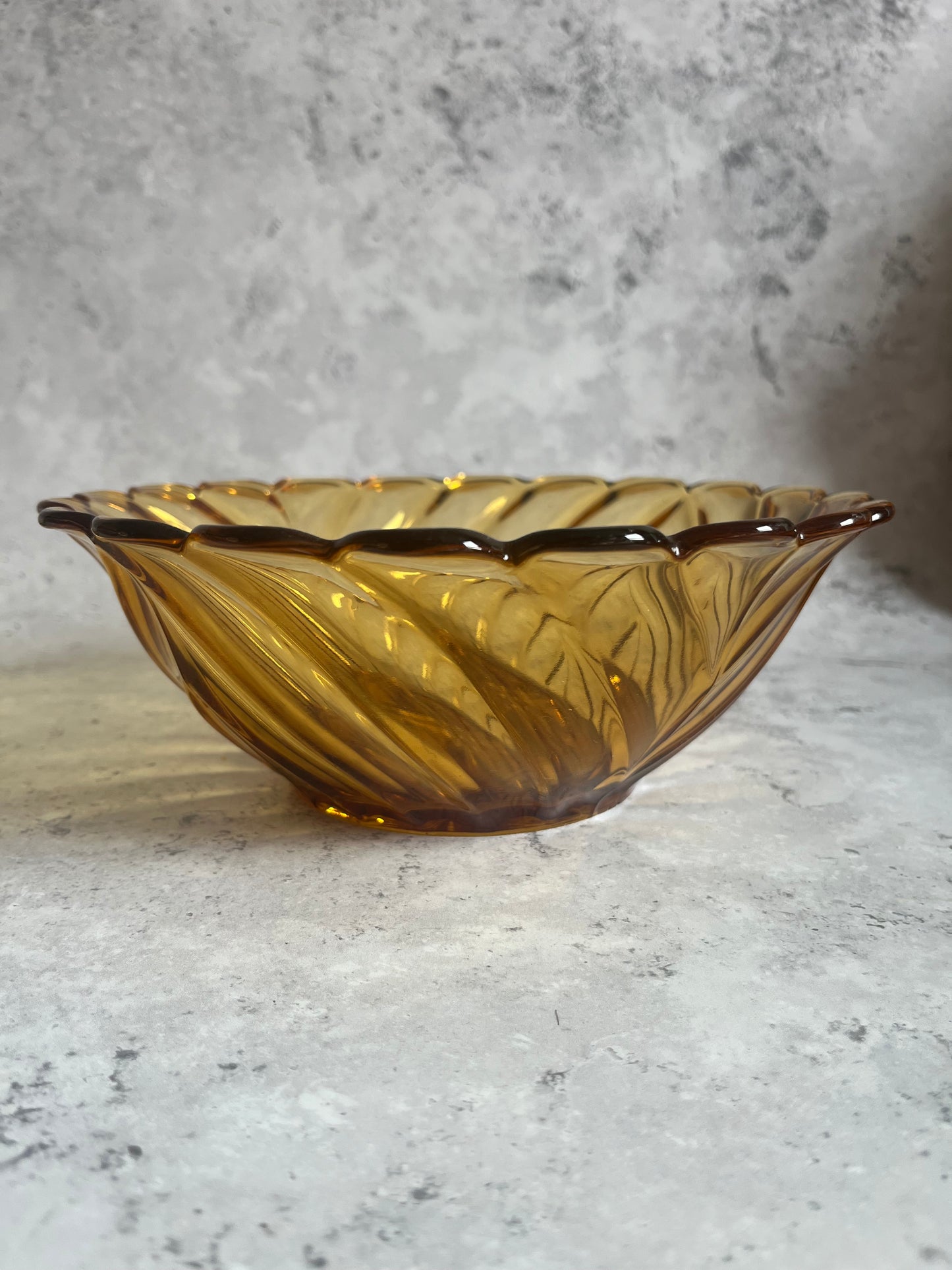 Vintage 1950’s Amber Glass Serving Bowl Set Of 6 Swirl Design