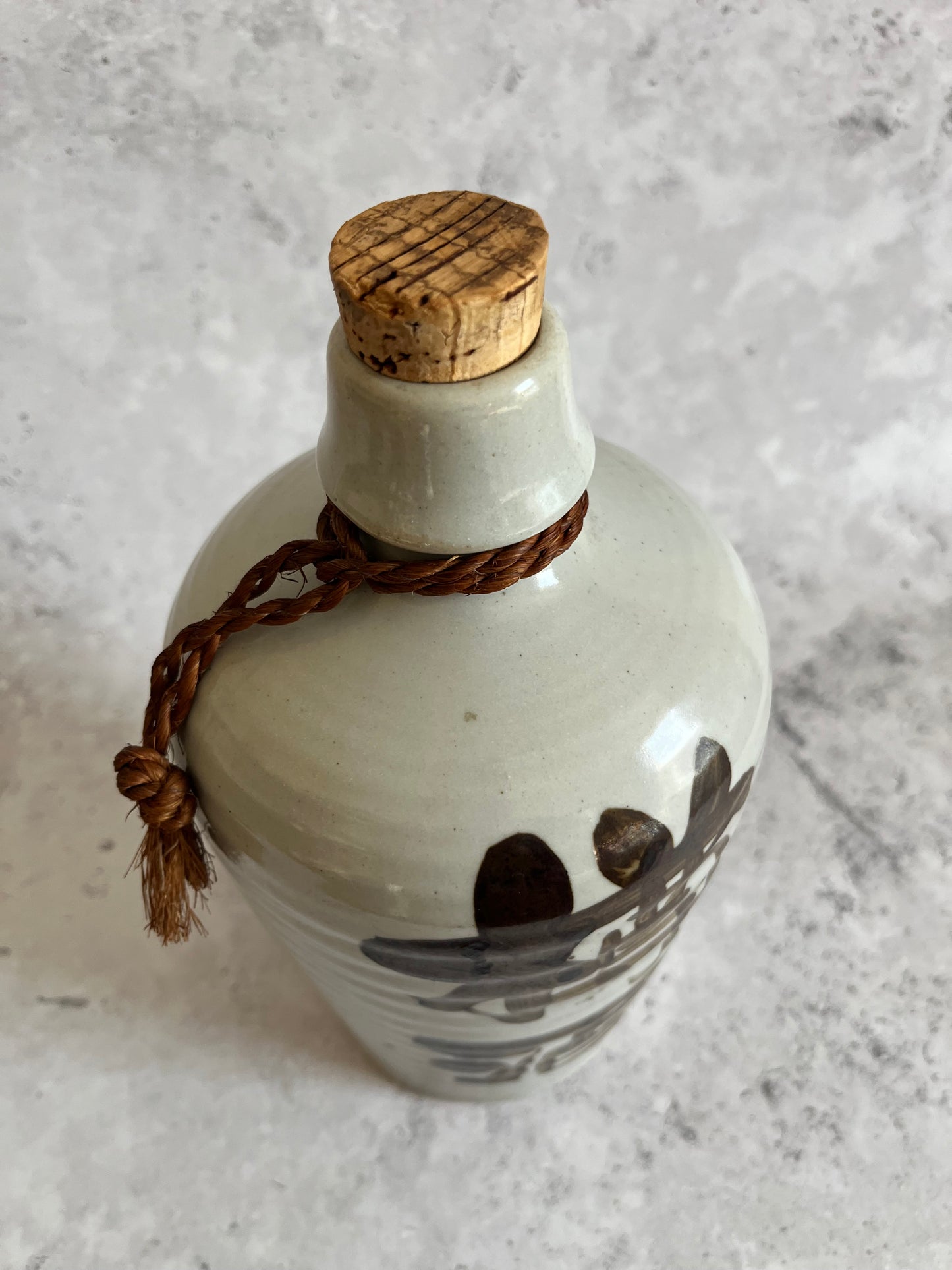 Antique 20C Stoneware Tokkuri Sake Bottle Hand Painted Kanji Script Barrel Sake