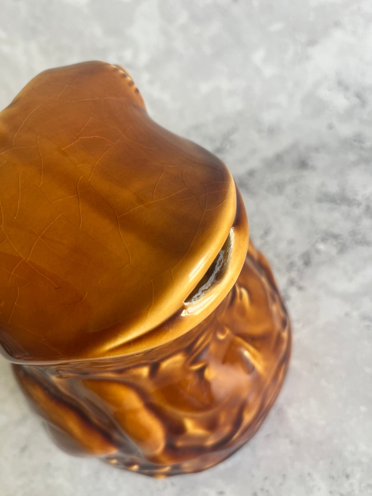 Vintage Sarreguemines French Frog Shaped Water Pitcher Amber Glazed