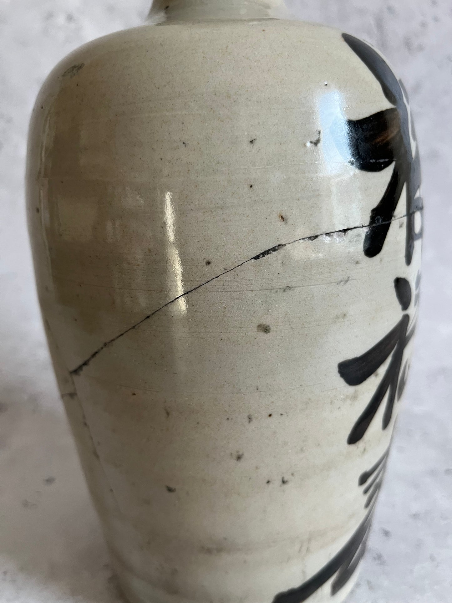 Antique 20C Stoneware Tokkuri Sake Bottle Hand Painted Kanji Script Royal Wine