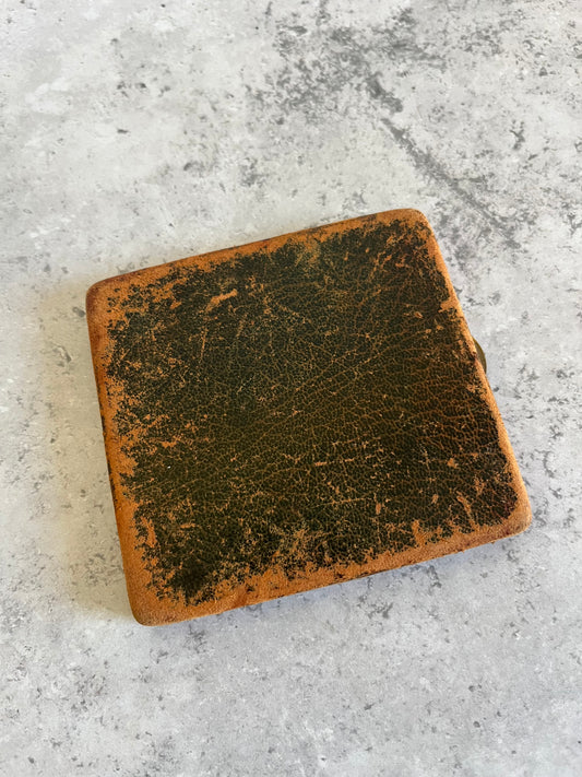 Vintage Brown Leather Cigarette Case Green Gold Tone Interior