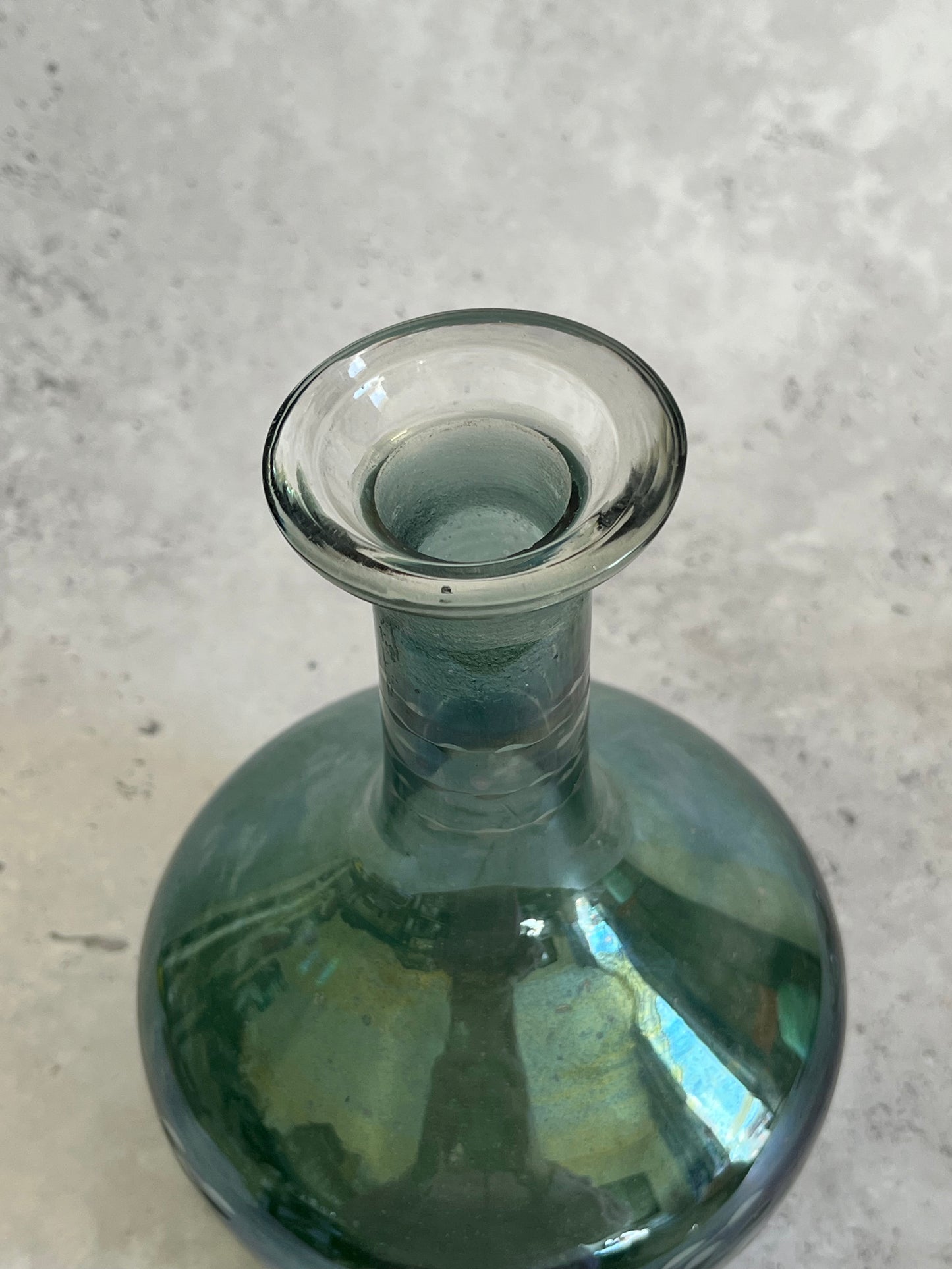Vintage Hand Blown Iridescent Teal Green Etched Decanter With Faceted Stopper