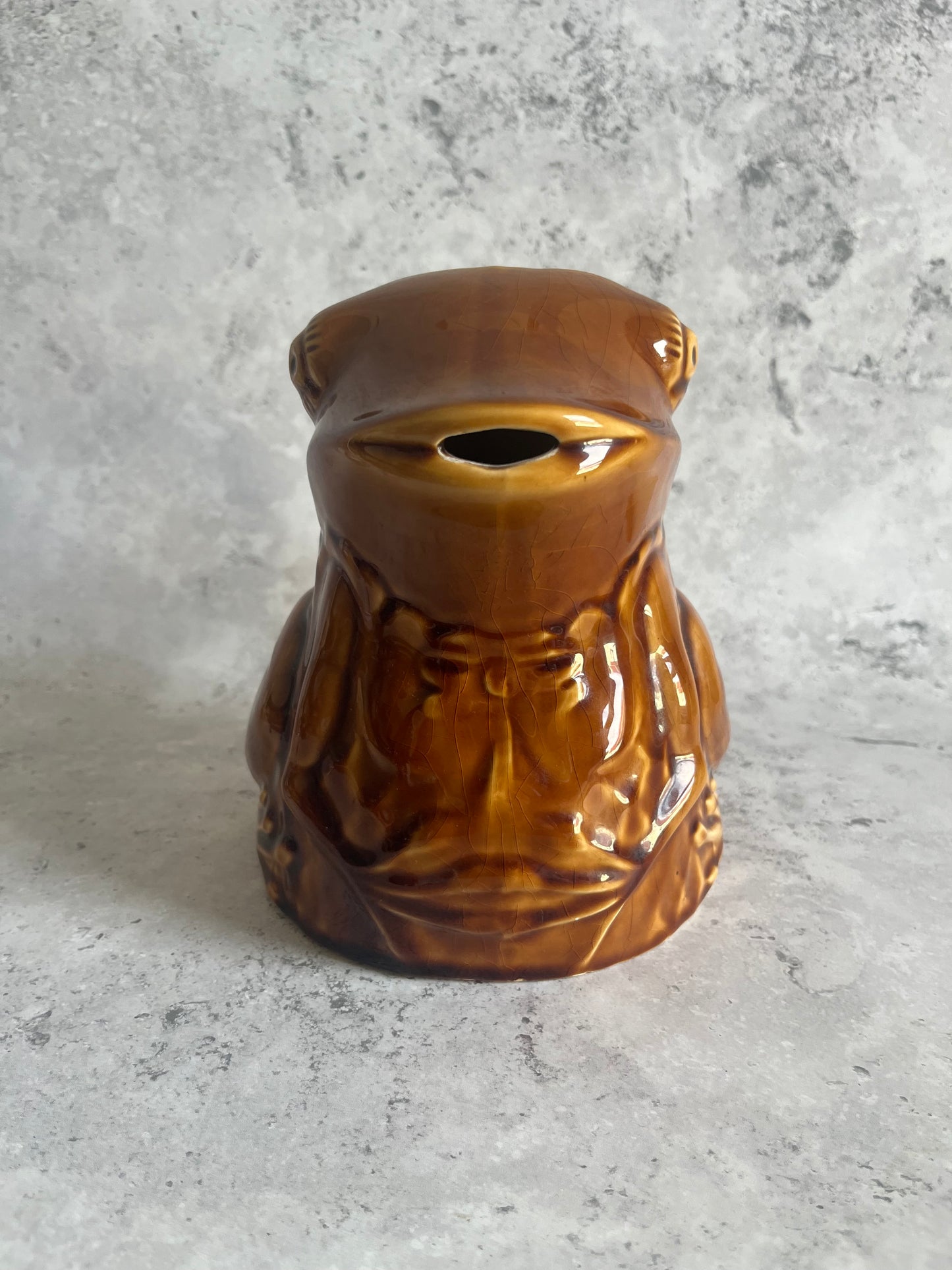 Vintage Sarreguemines French Frog Shaped Water Pitcher Amber Glazed